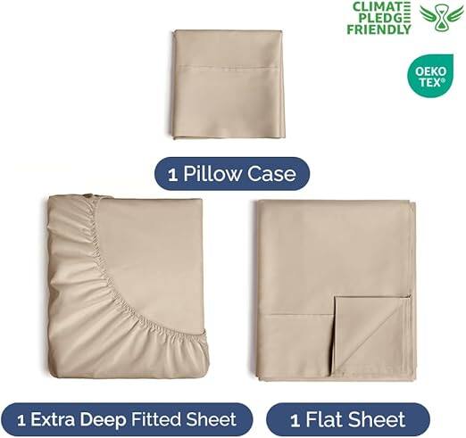 CLIMATE PLEDGE FRIENDLY  
OEKO TEX  

1 Pillow Case  
1 Extra Deep Fitted Sheet  
1 Flat Sheet