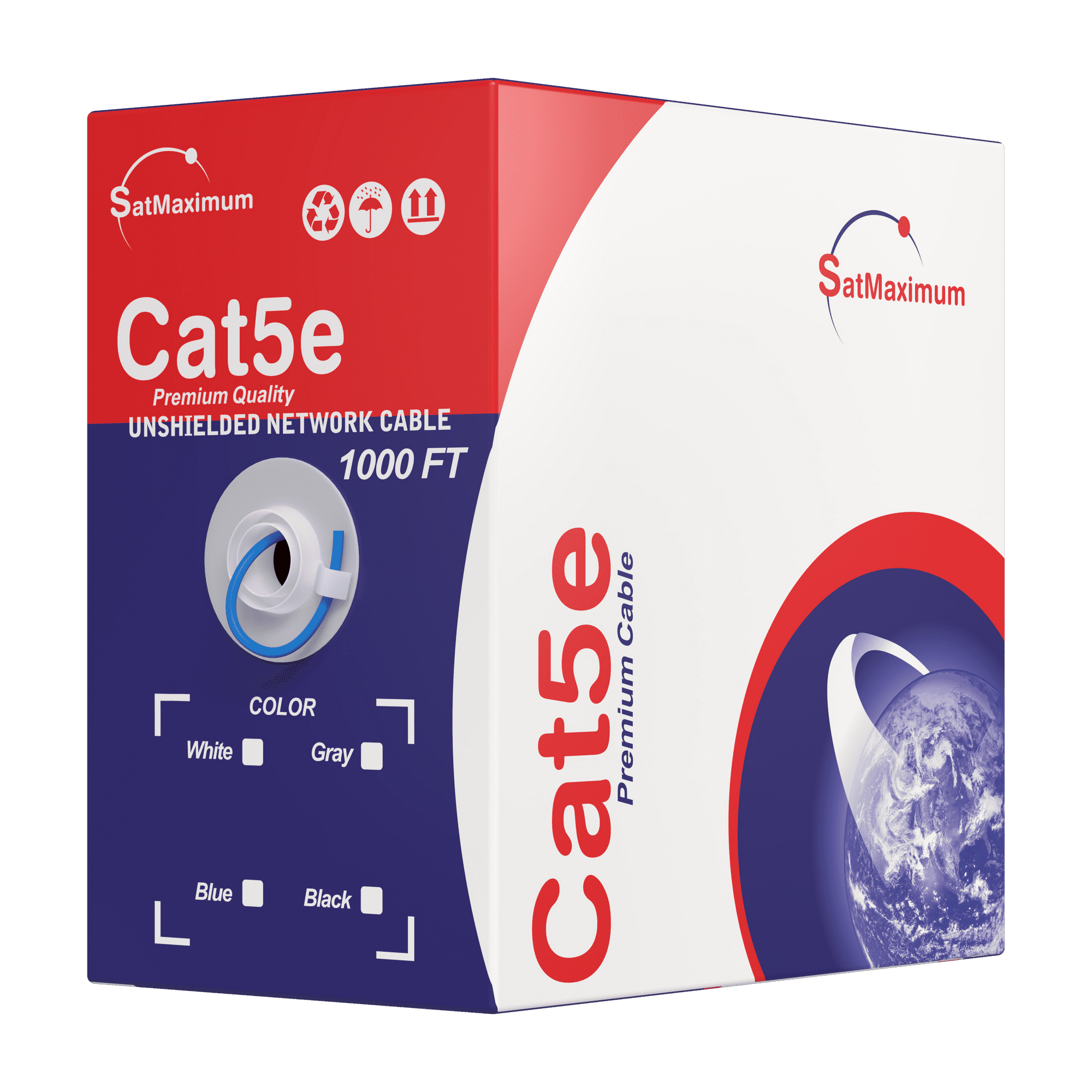SatMaximum Cat5e Premium Quality UNSHIELDED NETWORK CABLE 1000 FT COLOR White Gray Blue Black Cable Cat5e Premium SatMaximum