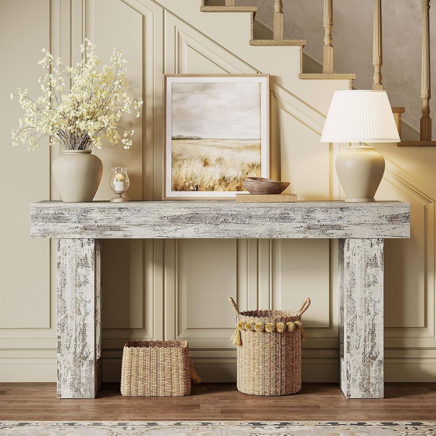 Front. Tribesigns - Console Table with Engineered Wood Construction and Rectangular Top for Entryway, Hallway and Living Room - White.