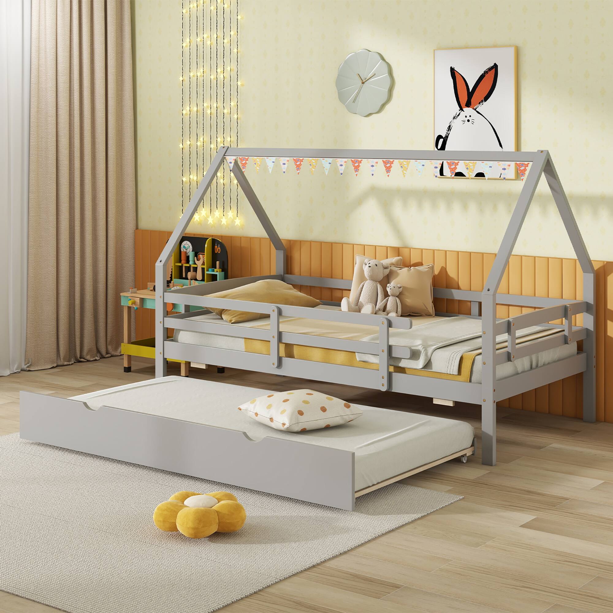Alt View 3. Gymax - Gymax Twin Size House Bed w/ Trundle Wooden Kids Bed w/ Safety Rails & Decorable Roof Gray - Gray.