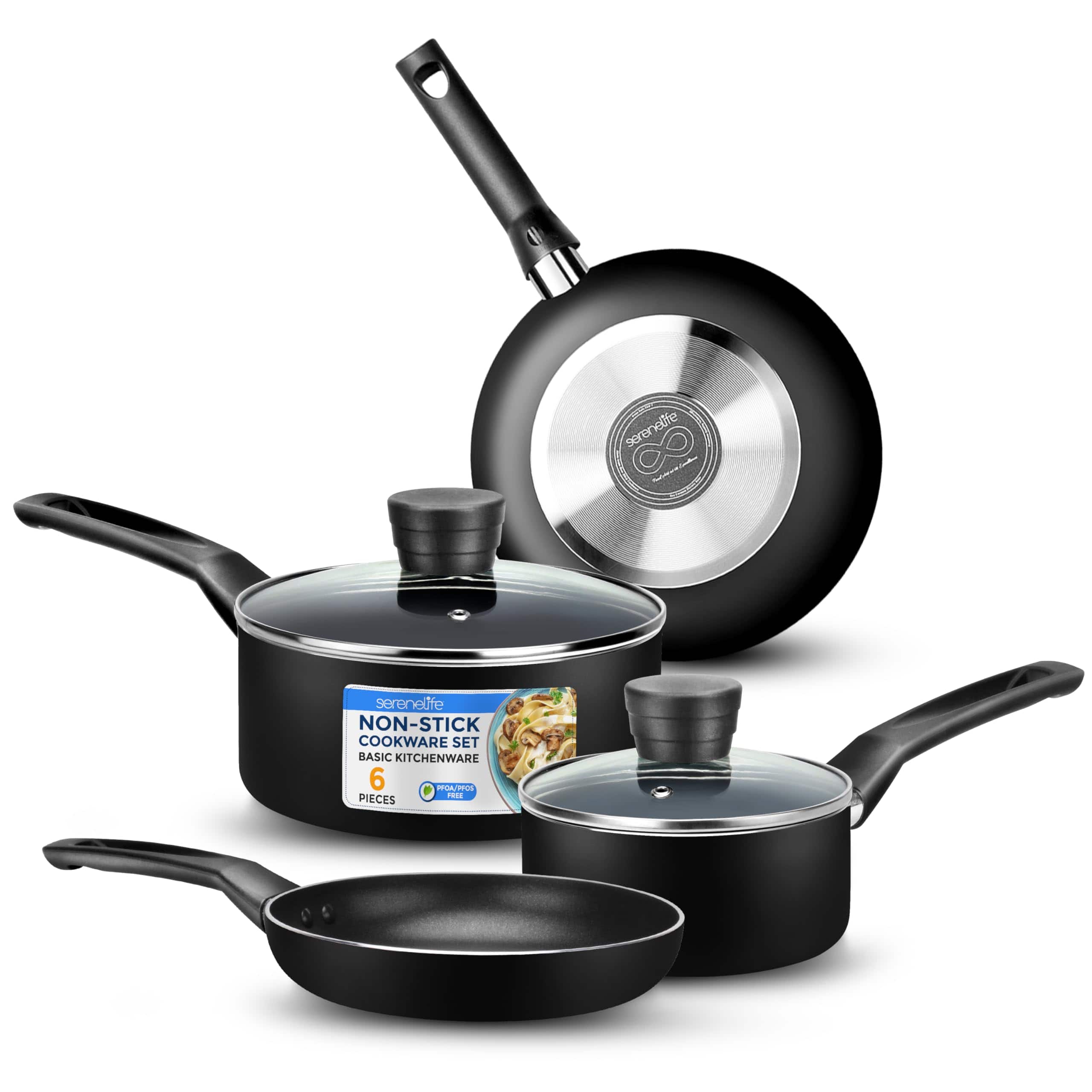 SereneLife - 6-Piece Pots & Pans Set, Nonstick Cookware, Heat-Resistant, Dishwasher Safe, (SLCW6BLK) - Black