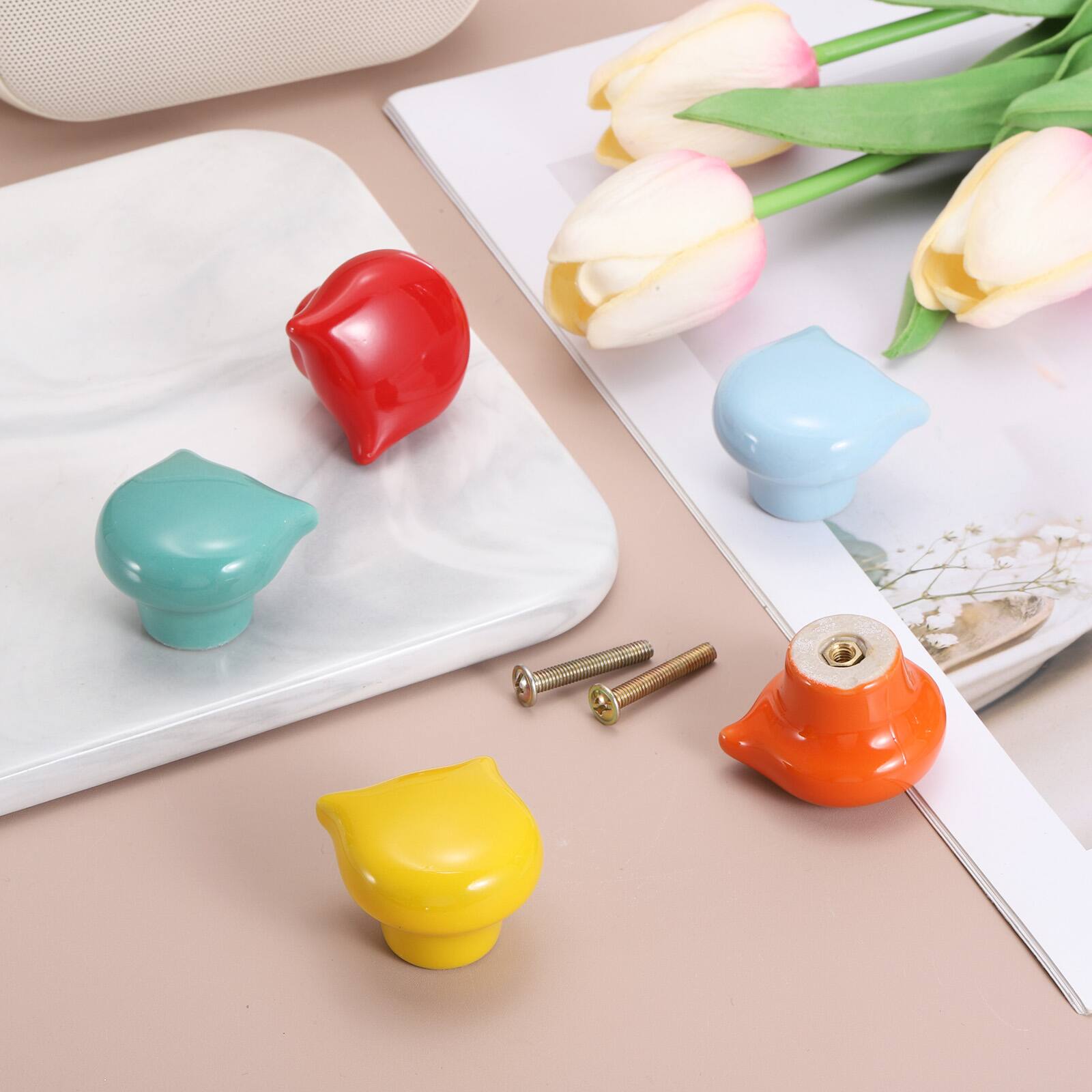 Alt View 3. Unique Bargains - 4pcs Cat Shape Ceramic Cabinet Knobs, Decorative Drawer Pulls w/ Screws for Closets - Yellow.