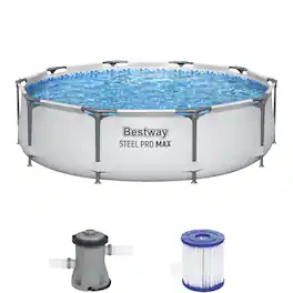 Bestway - 10' x 30" Steel Pro Frame Max Round Above Ground Swimming Pool with Pump - Gray