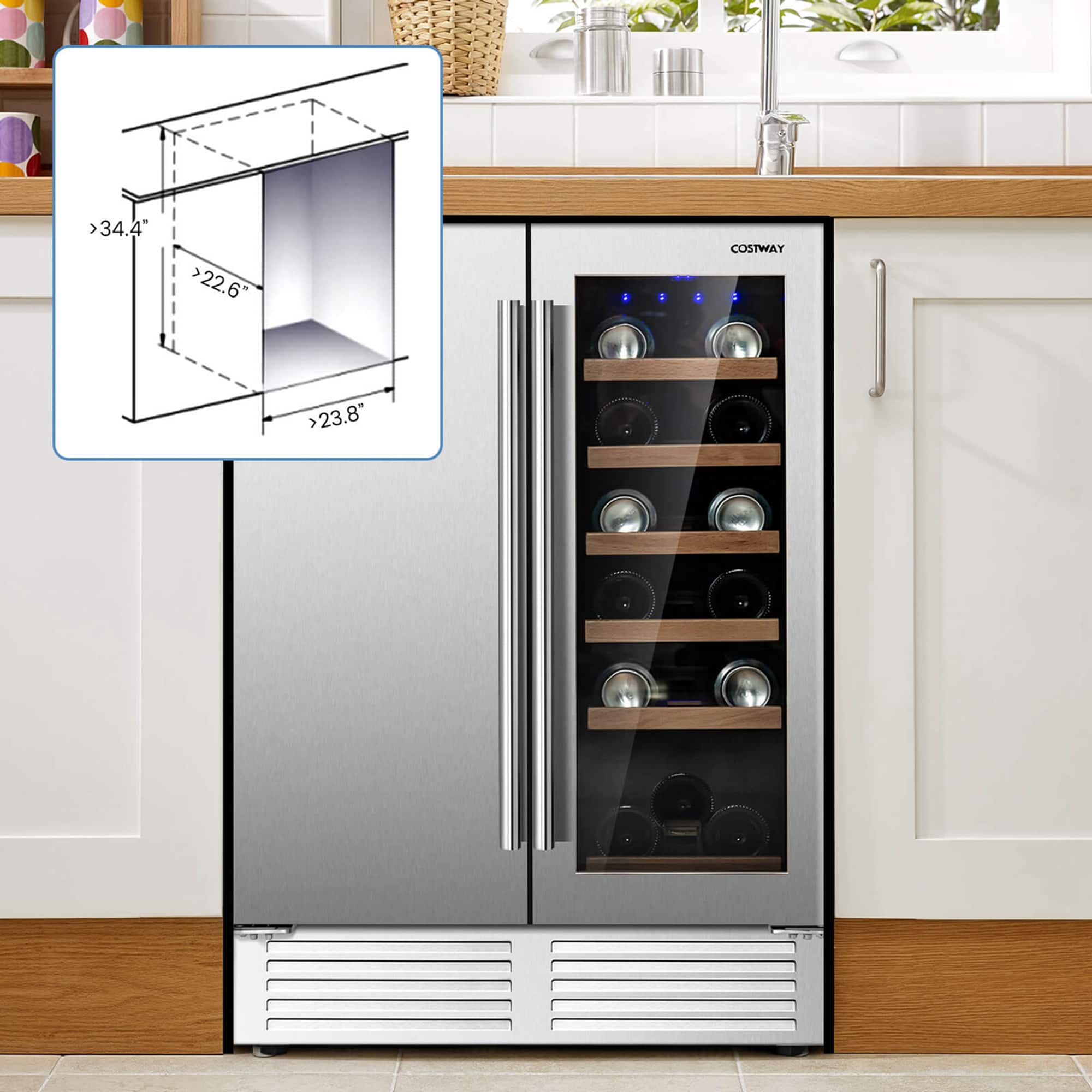 The text on the image states that the refrigerator is 34.4 inches tall and 22.6 inches wide. The equation provided is incorrect, as it is missing the necessary information to determine the width of the refrigerator. The correct equation would be: 34.4" > 22.6" = 23.8".