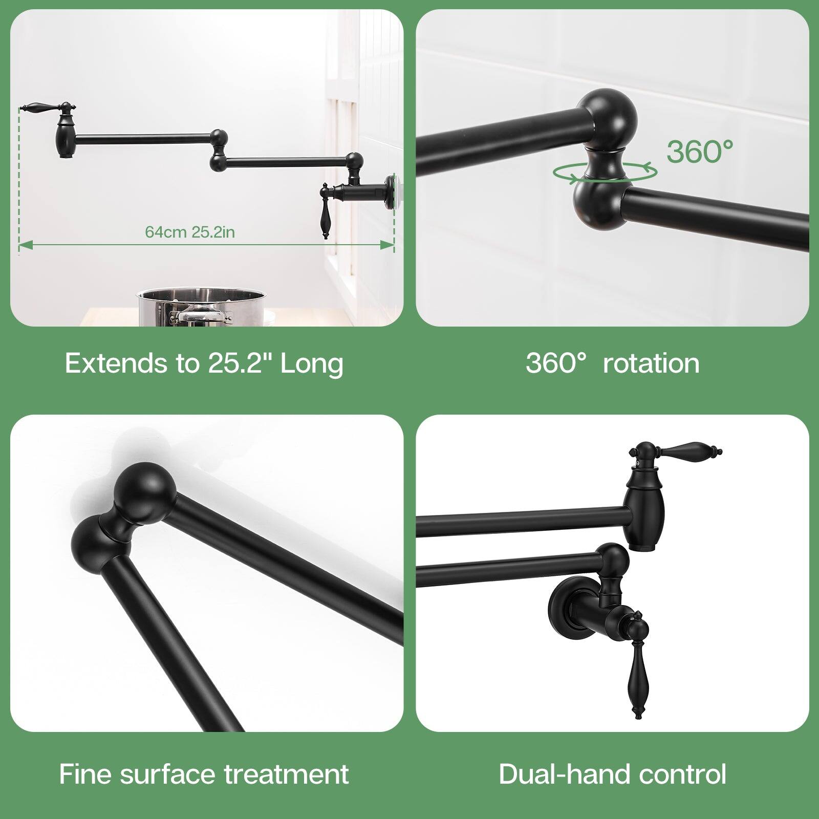 Extends to 25.2" Long, 64cm, 25.2in, 360° rotation, Fine surface treatment, Dual-hand control