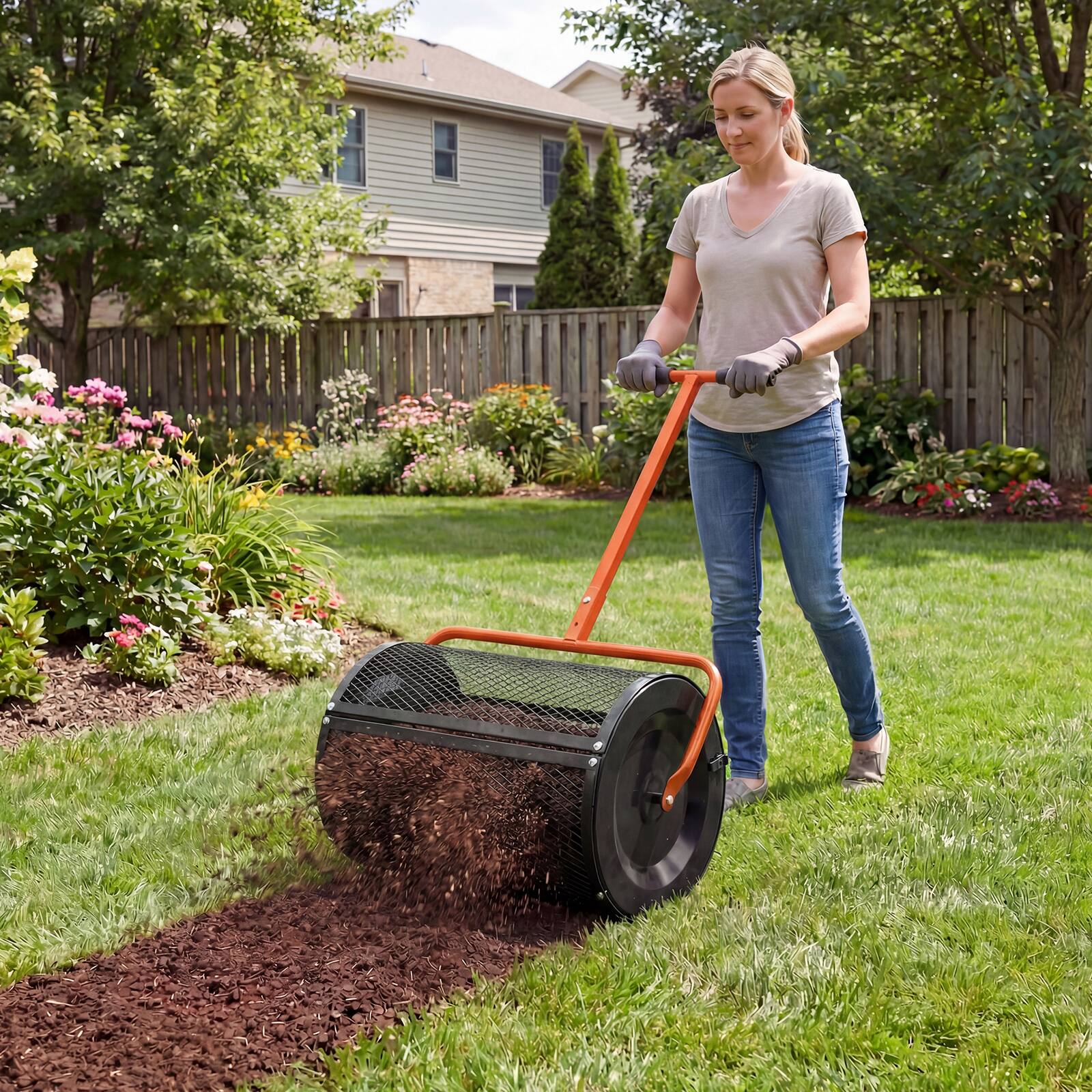 Alt View 1. Gymax - Gymax Compost SpreaderPeat Moss Spreader Roller w/Height-adjustable T-shape Handle Orange - Orange.