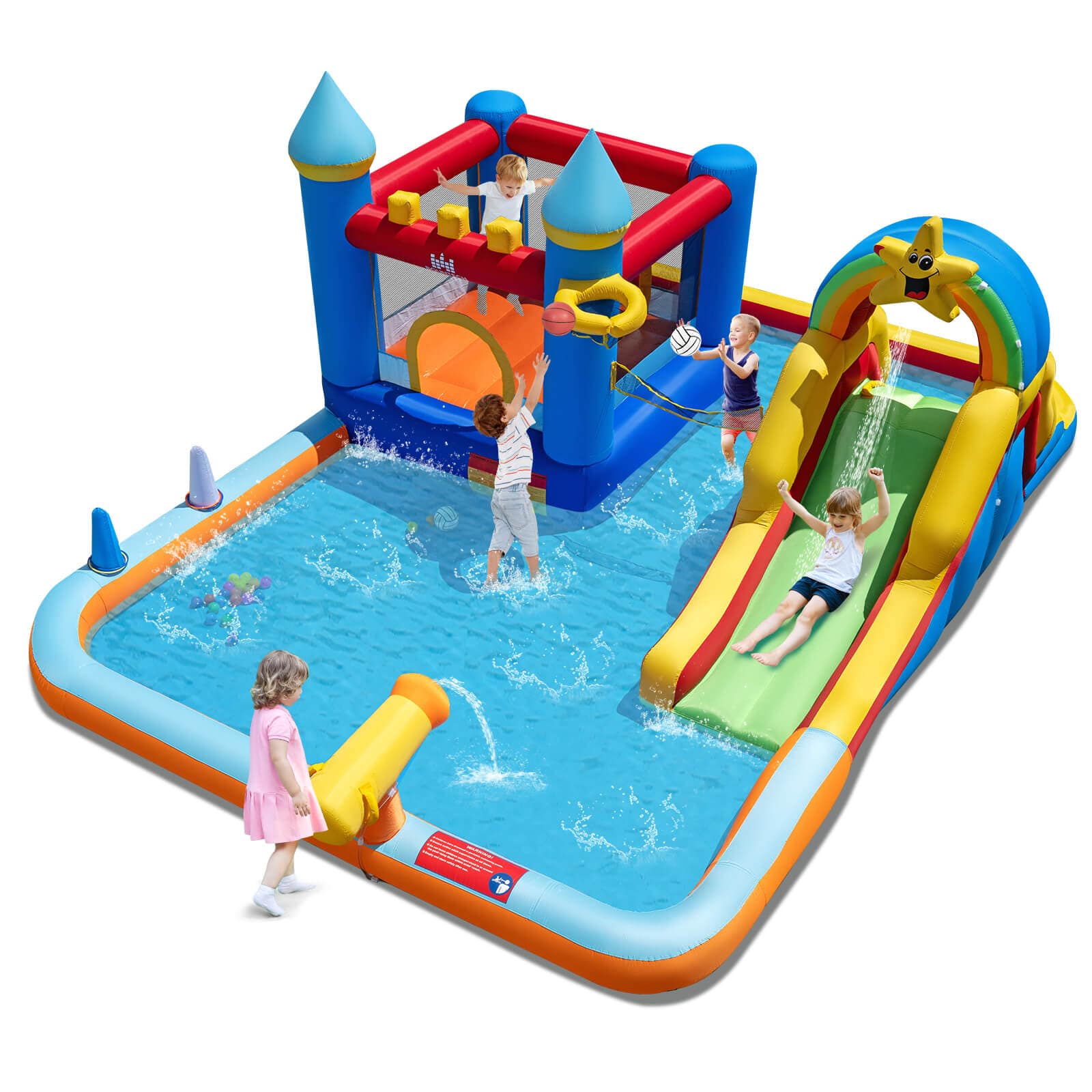 Costway - Giant Water Slide Bounce House with Climbing Wall, Splash Pool & Basketball Hoop - Multicolor