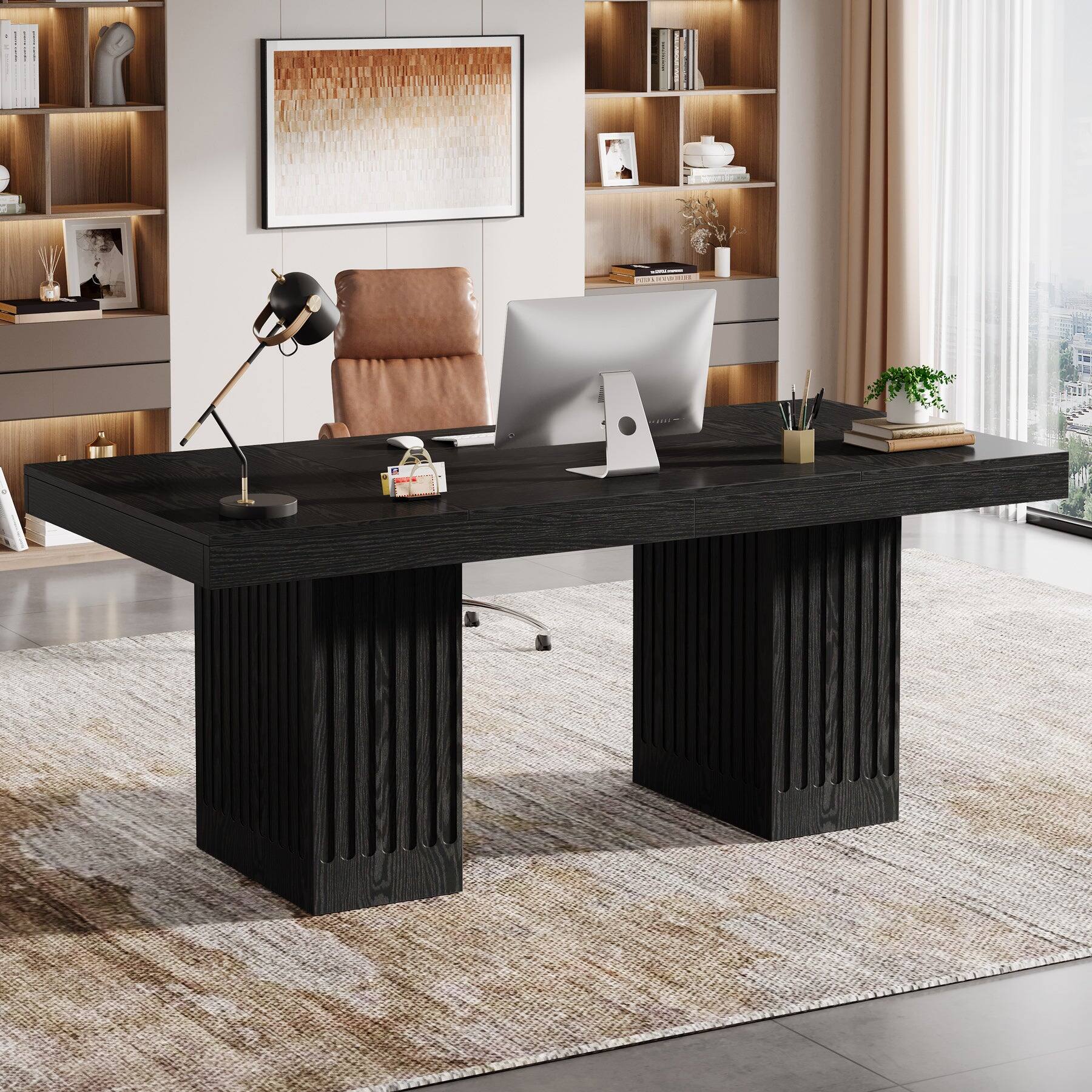 Front. Tribesigns - Office Executive Desk with Pedestal Base, for Computer Work and Writing in Home Offices - Black.