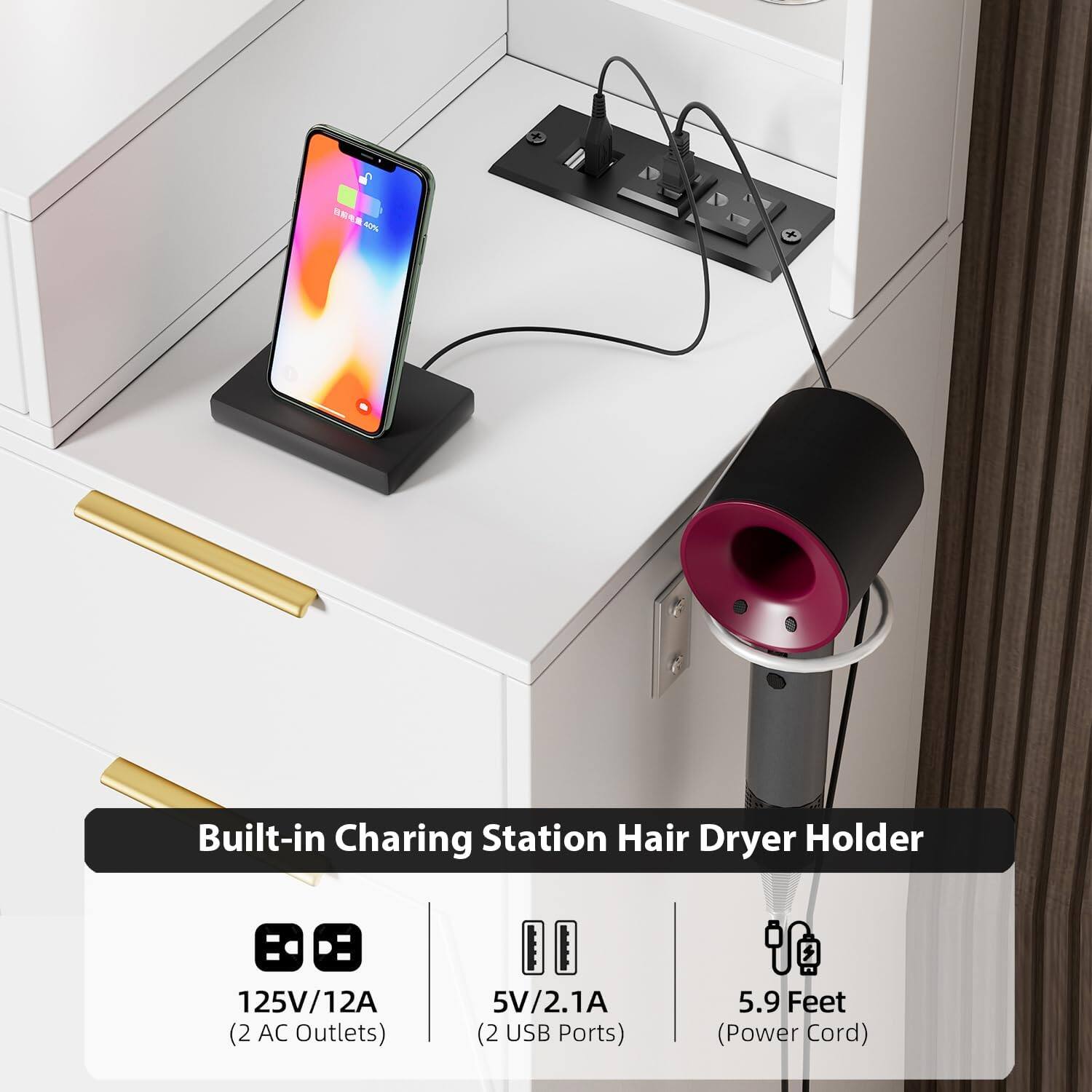 - Built-in Charging Station Hair Dryer Holder
  - 125V/12A (2 AC Outlets)
  - 5V/2.1A (2 USB Ports)
  - 5.9 Feet (Power Cord)