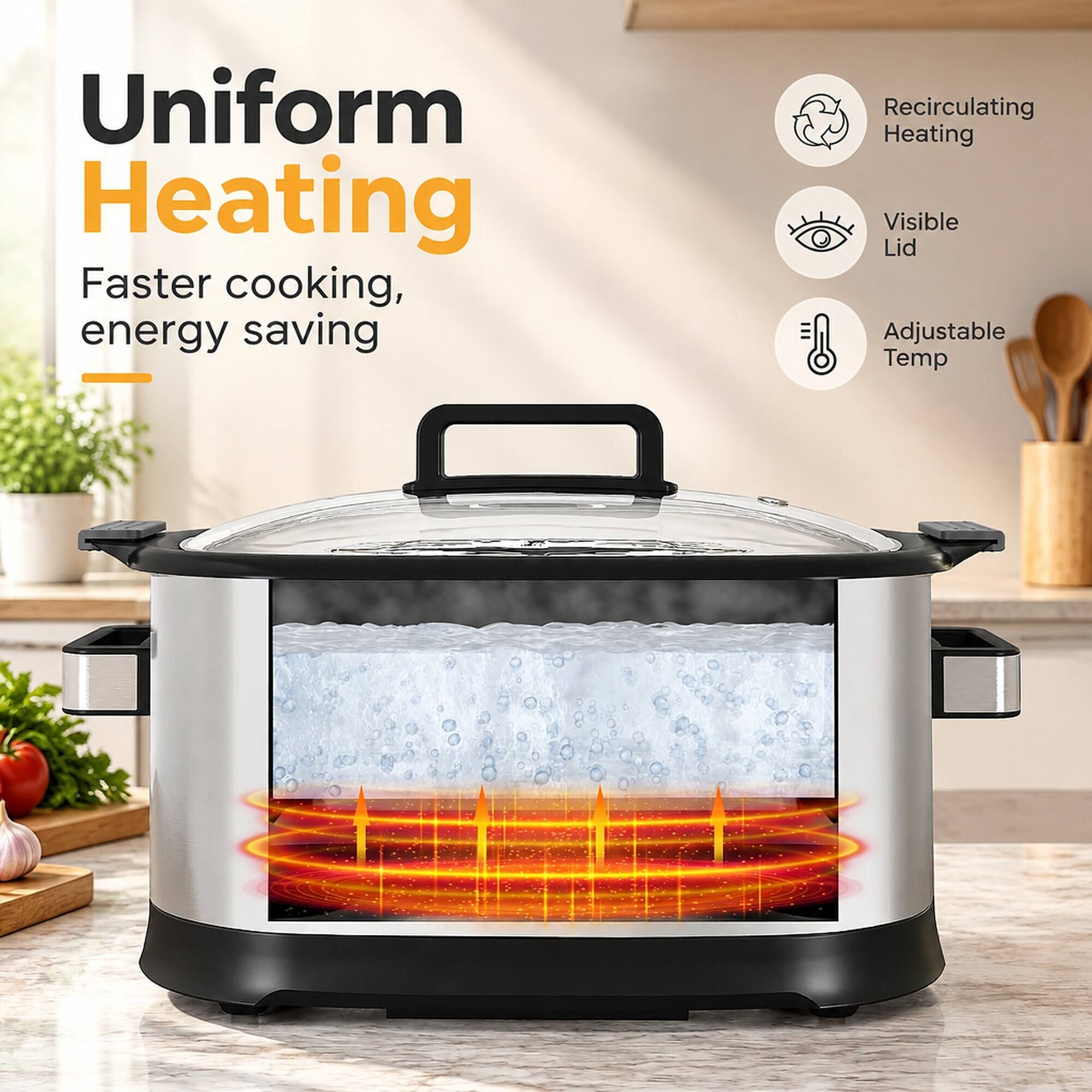 Uniform Heating  
Faster cooking, energy saving

Recirculating Heating  
Visible Lid  
Adjustable Temp