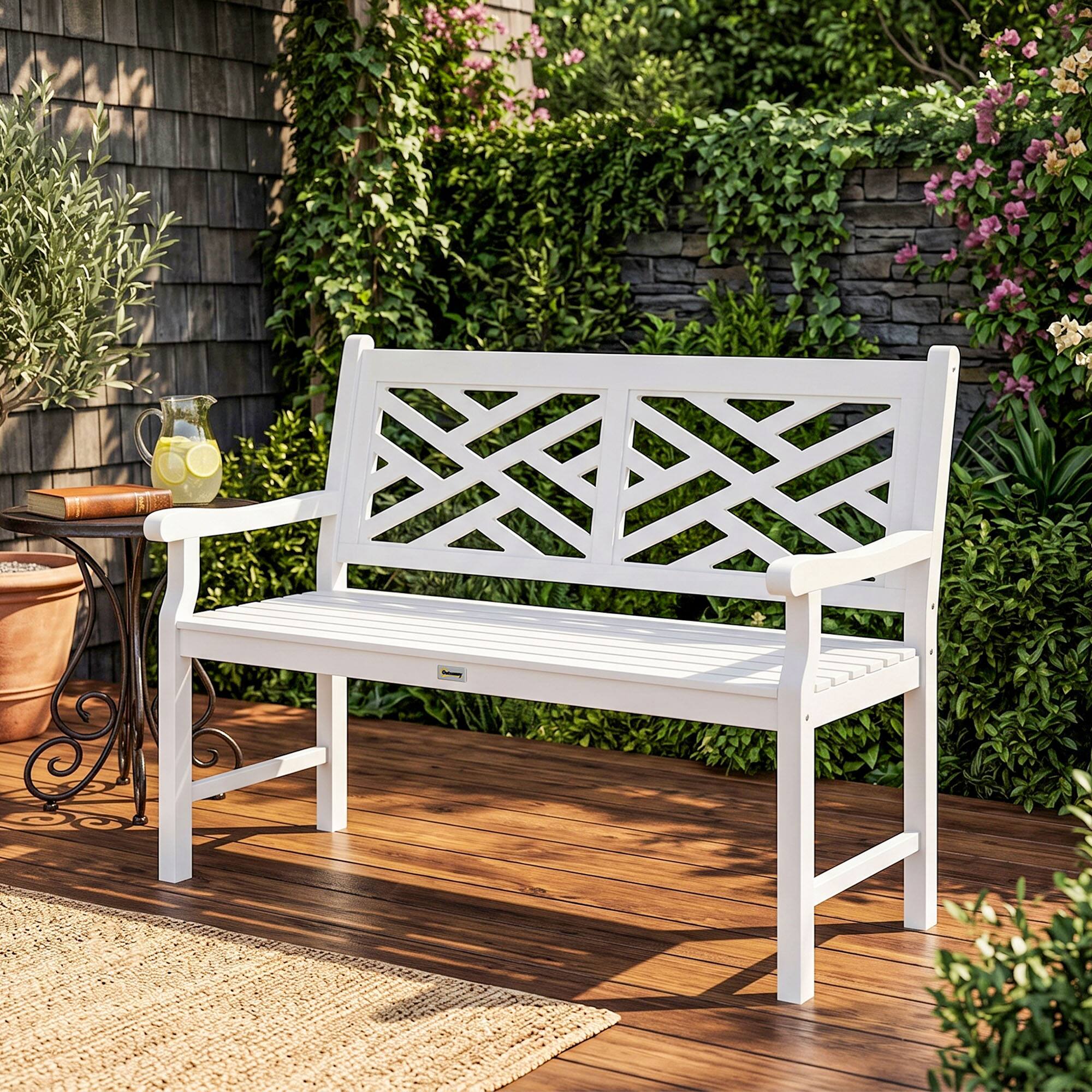 Alt View 1. Outsunny - Garden Bench, Wooden Frame Patio Bench with Geometric Pattern - White.