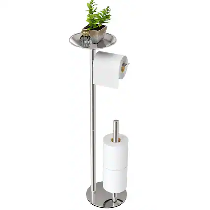 Front. Dazzed Corner - Freestanding Toilet Paper Holder with Phone Shelf and Heavy Metal Base - Brush Nickel.