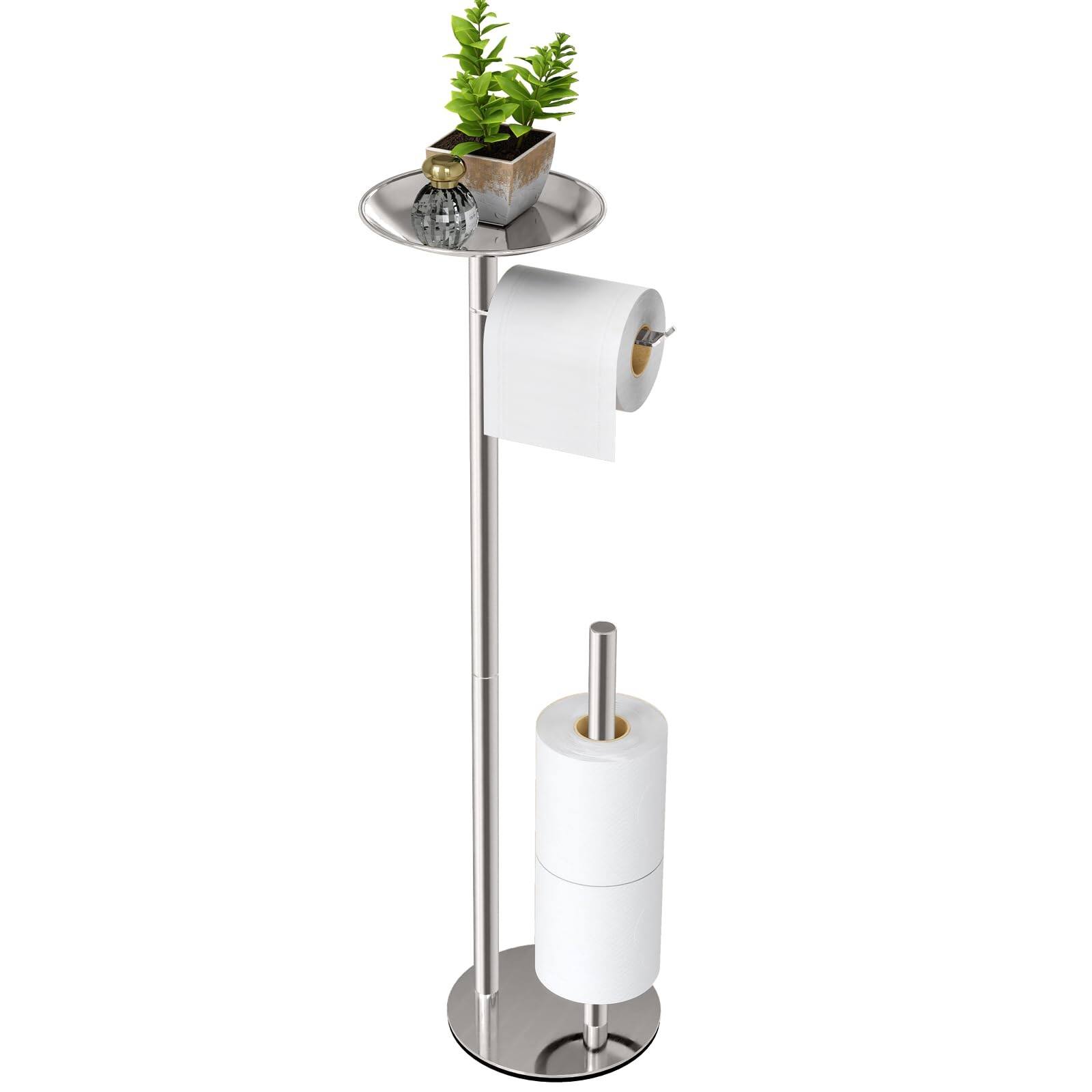 Front. Dazzed Corner - Freestanding Toilet Paper Holder with Phone Shelf and Heavy Metal Base - Brush Nickel.