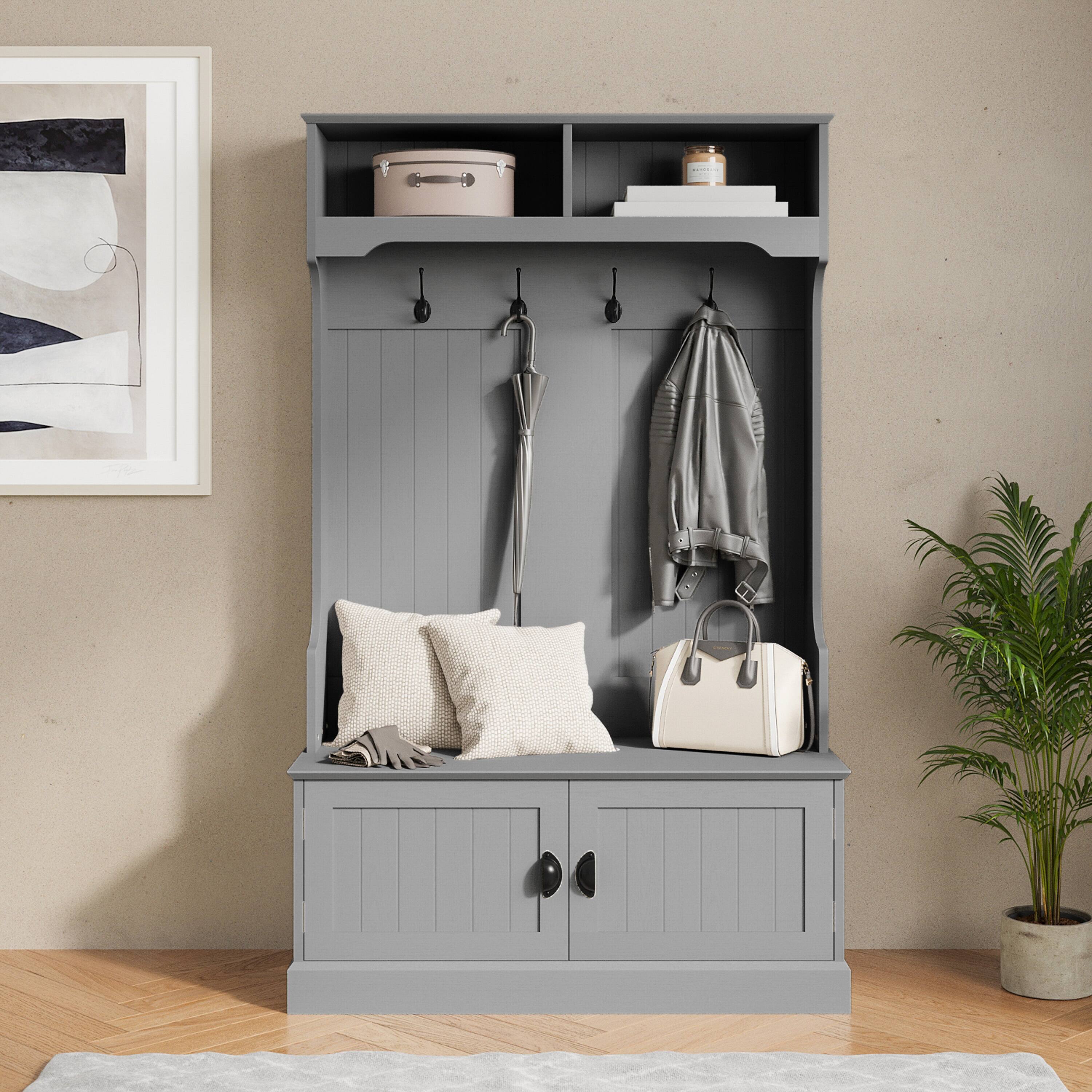 Alt View 1. Flash Furniture - Fraser 40" Wide Hall Tree with Double Door Storage Bench, Coat Rack with 4 Black Double Hooks, and 2 Upper Storage Cubbi - Gray.
