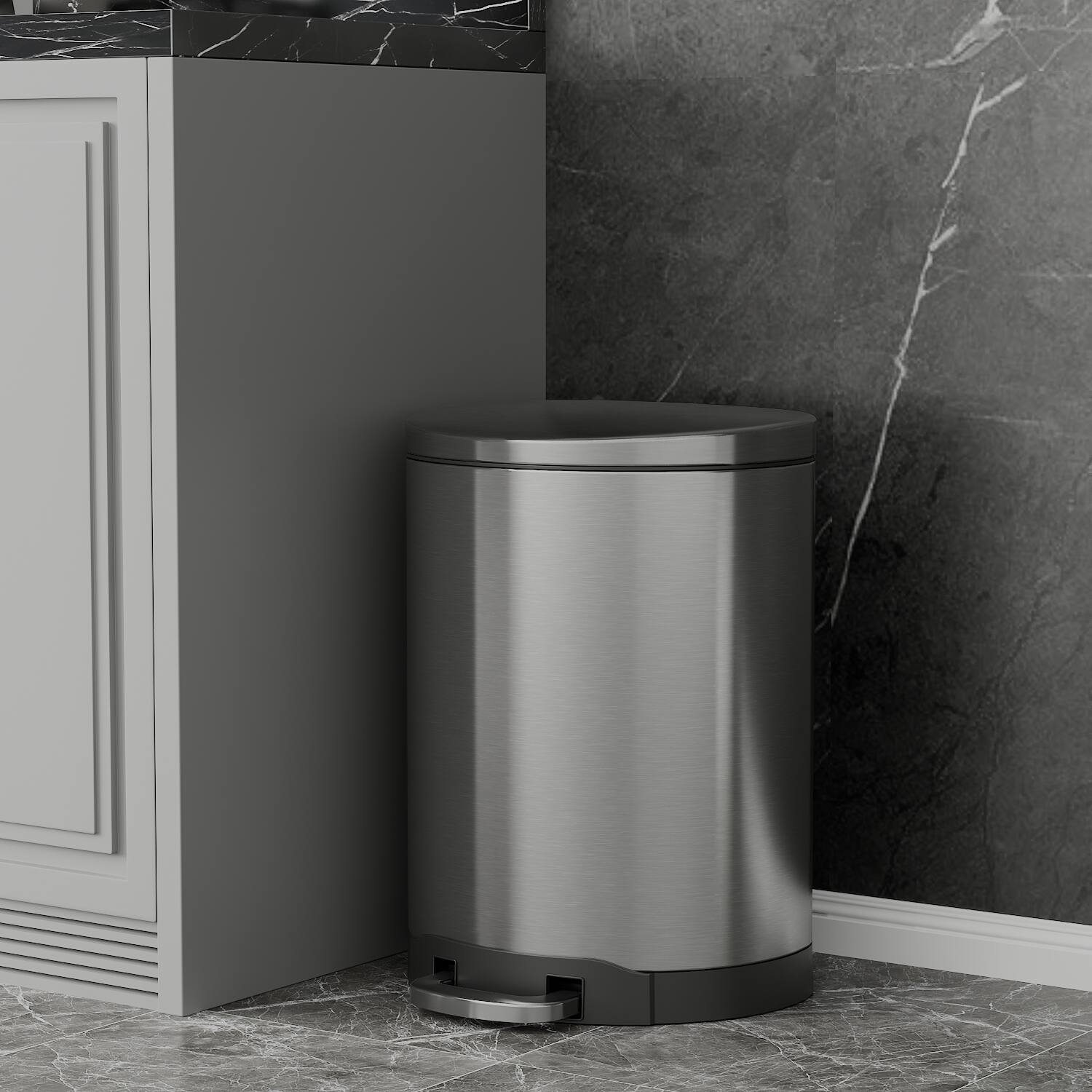 Alt View 3. Innovaze - 3.2 Gal./12 Liter Stainless Steel Semi-round Step-on Trash Can for Bathroom and Office - Sliver.