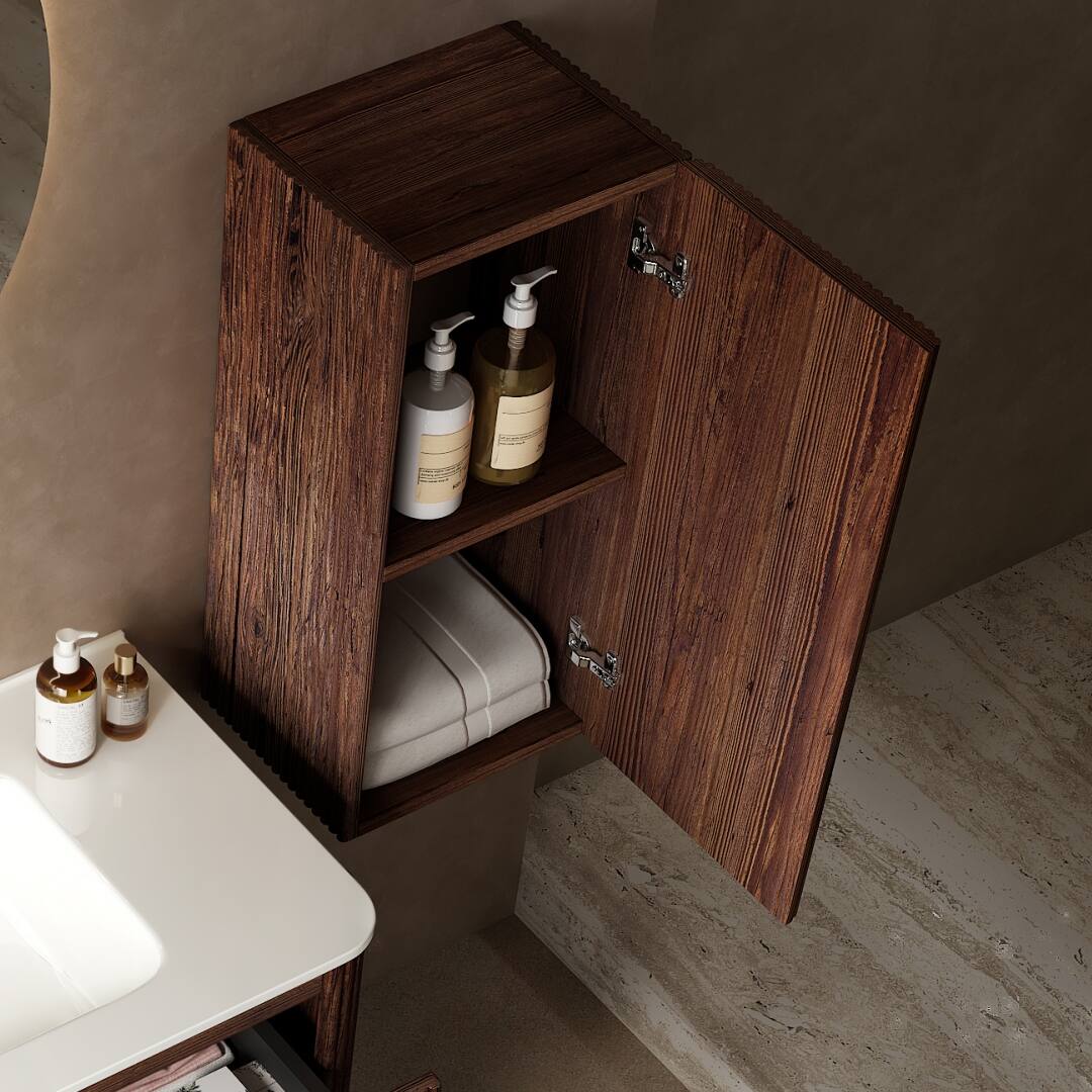 Angle. TinyHomie - 14in Wall-Mounted Floating Striped Bathroom Vanity Side Cabinet with a Door and a Shelf - Walnut.