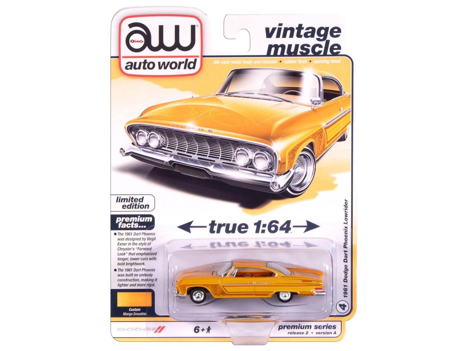 A vintage muscle die-cast metal body and chassis with rubber tires and an opening hood. Auto World Dodge limited edition premium facts... The 1961 Dart Phoenix was designed by Virgil Exner in the style of Chrysler's "Forward Look" that emphasized longer, lower cars with bold brightwork. The TS6T Dart Phoenix was built on unibody construction, making it lighter and more rigid. True 1:64. True 1:64 Lowrider Phoenix Dart Dodge 1961 Custom Mango Smoothie. Dodge 6+* premium series release 2 version A