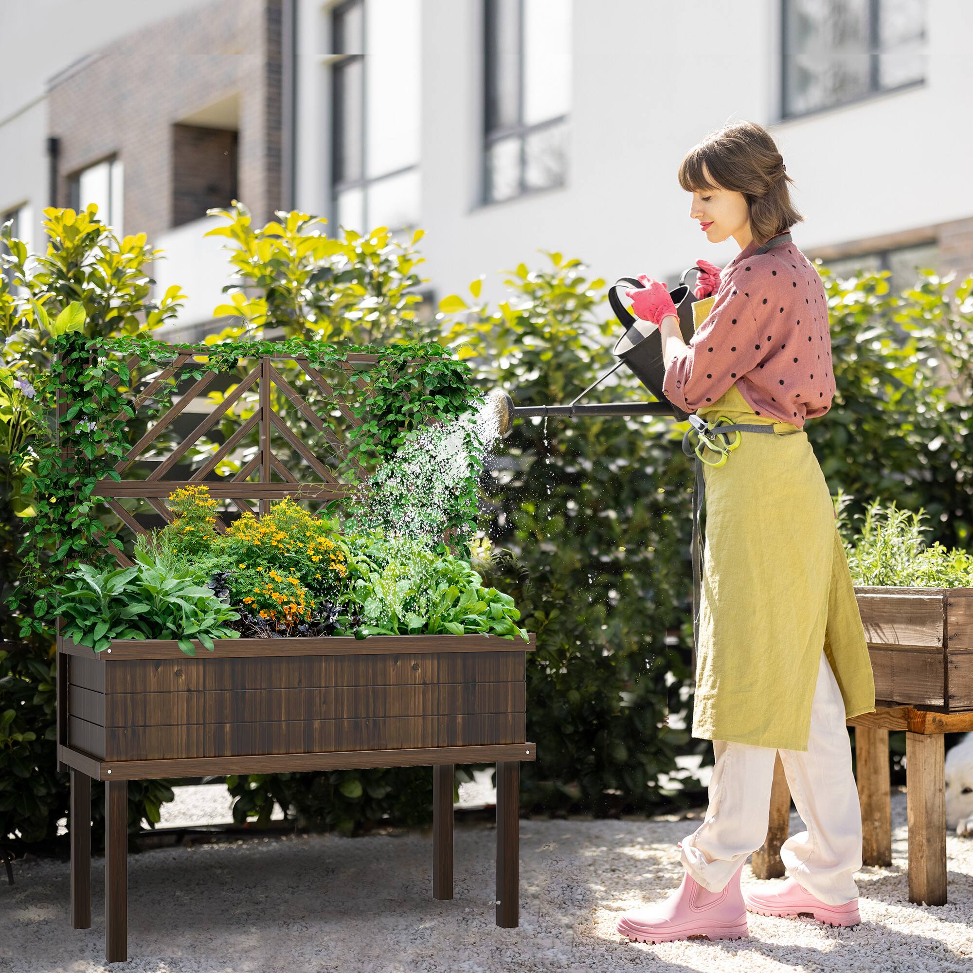 Alt View 8. Outsunny - Raised Garden Bed with Trellis for Climbing Plants, Vegetable, Grape Vines, Elevated Planter Box with Legs - Carbonized.