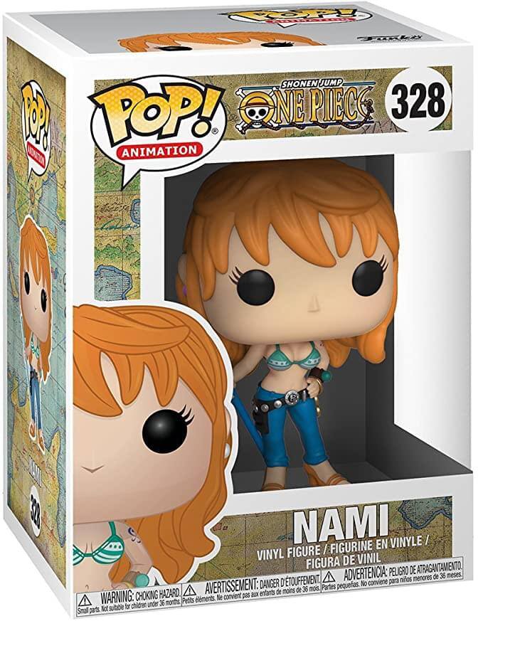 **Front:**
- POP! Animation
- Shonen Jump One Piece 328
- Nami
- Vinyl Figure / Figurine en Vinyle / Figura de Vinil

**Warnings:**
- WARNING: CHOKING HAZARD. Small parts. Not suitable for children under 36 months.
- AVERTISSEMENT: PELIGRO DE ATRAGANTAMIENTO. Piezas pequeñas. No conviene para niños menores de 36 meses.
- ADVERTENCIA: PEQUEÑOS ELEMENTOS. No conviene para niños menores de 36 meses.

**Side:**
- POP! Animation
- Shonen Jump One Piece 328

**Bottom:**
- Vinyl Figure / Figurine en Vinyle / Figura de Vinil
- WARNING: CHOKING HAZARD. Small parts. Not suitable for children under 36 months.
- AVERTISSEMENT: PELIGRO DE ATRAGANTAMIENTO. Piezas pequeñas. No conviene para niños menores de 36 meses.
- ADVERTENCIA: PEQUEÑOS ELEMENTOS. No conviene para niños menores de 