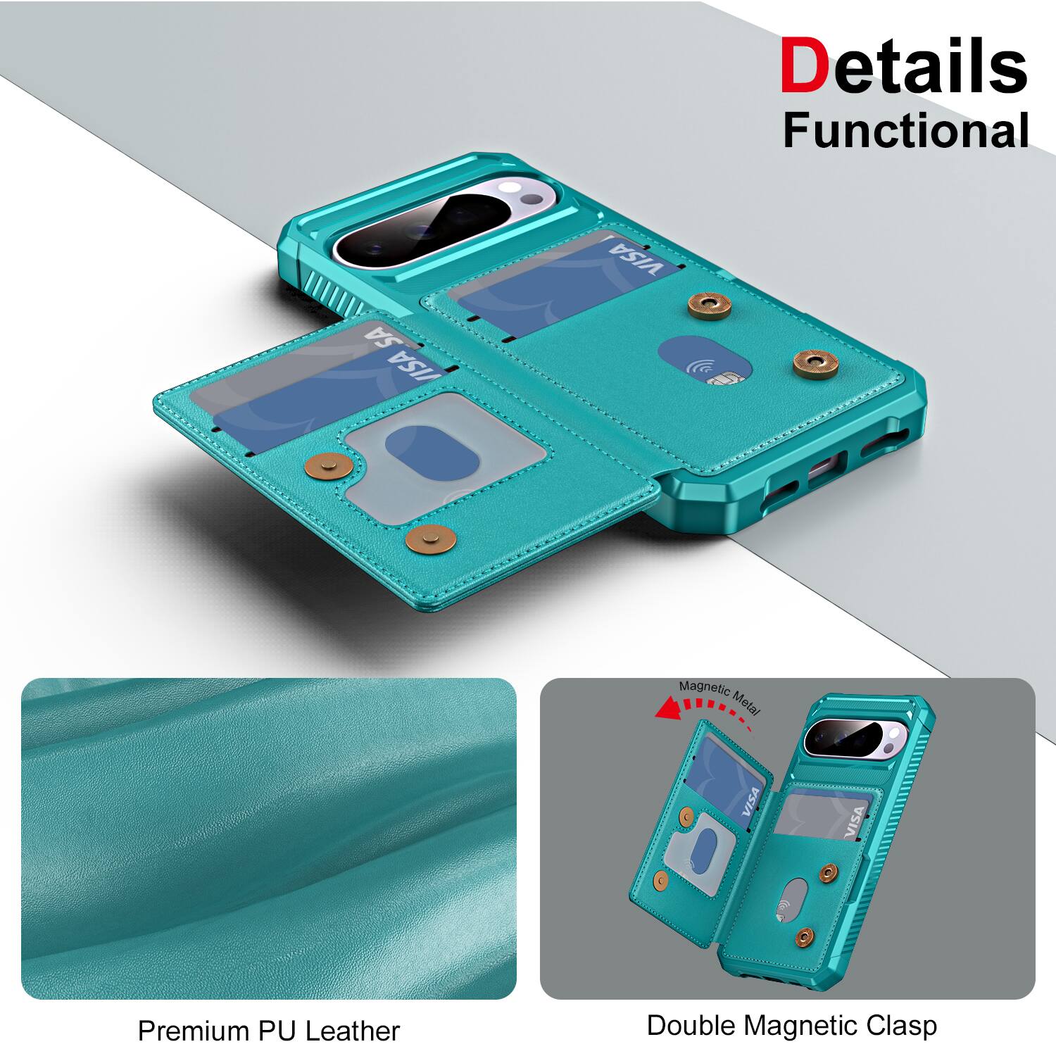 Details Functional  
Premium PU Leather  
Double Magnetic Clasp  
Magnetic Metal