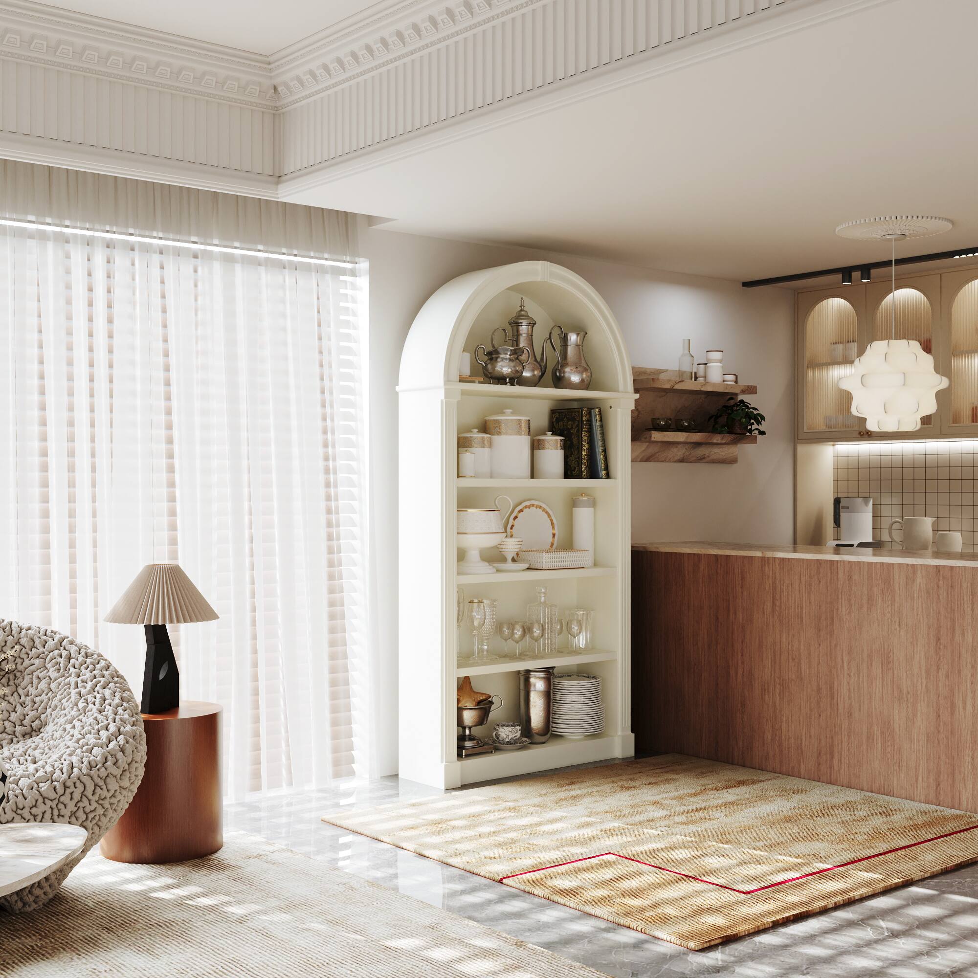 Back. FUFU & GAGA - Arched Top Display Cabinet with Multi-Tier Open Shelves and Anti-Tip Design for Living Room or Study - Off-White.