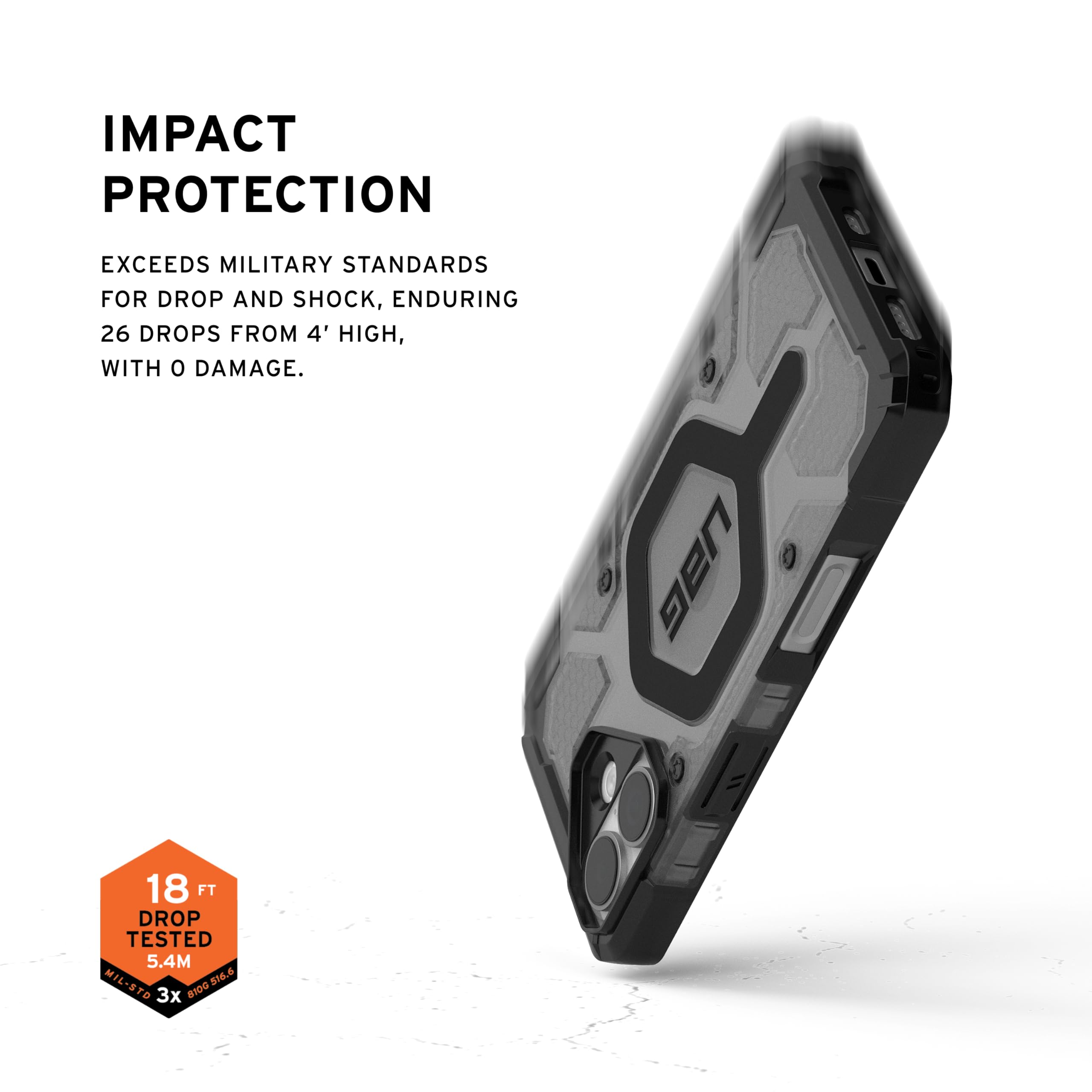 IMPACT PROTECTION

EXCEEDS MILITARY STANDARDS FOR DROP AND SHOCK, ENDURING 26 DROPS FROM 4' HIGH, WITH 0 DAMAGE.

UAG 18 FT DROP TESTED 5.4M

MIL-STD 8100.536.6 810.6 3x 81DG