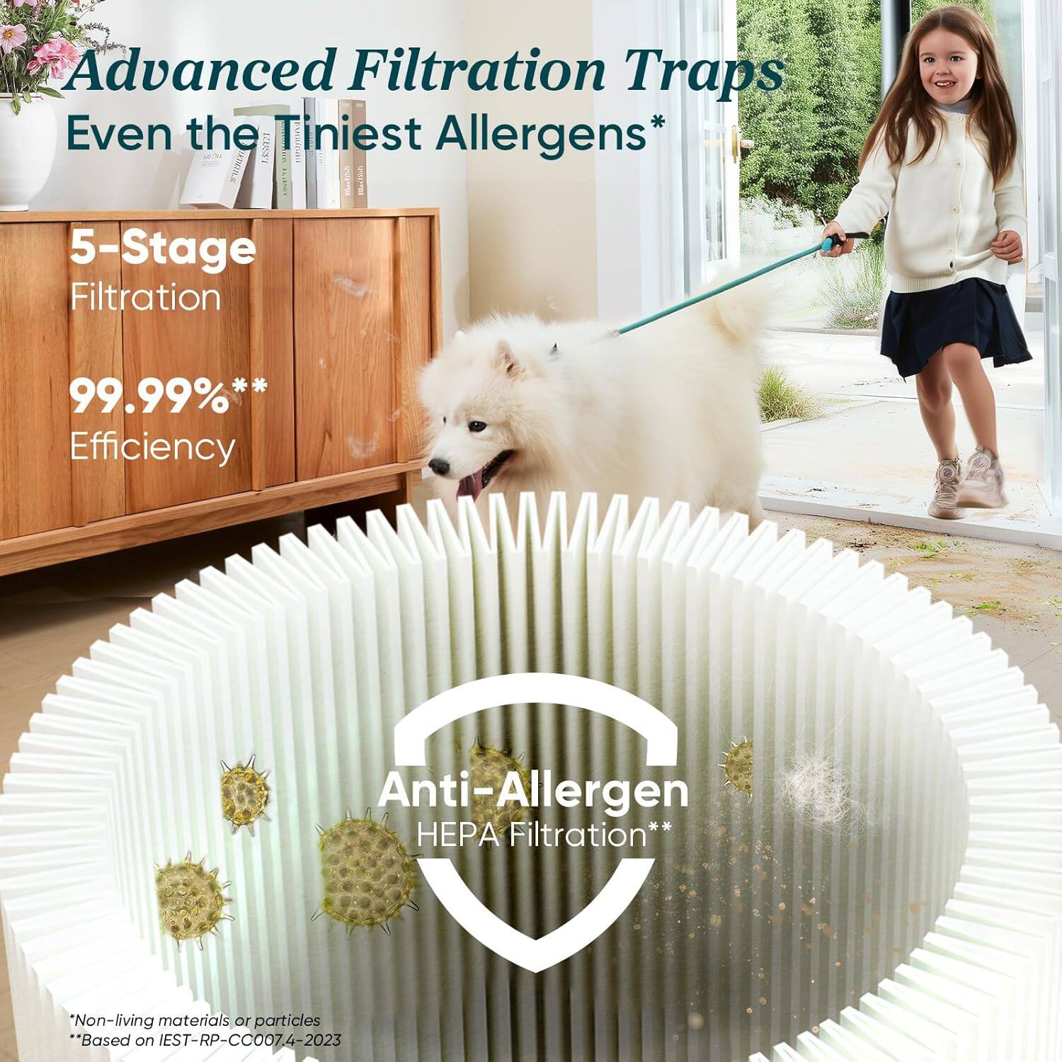 Advanced Filtration Traps Even the Tiniest Allergens*

5-Stage Filtration
99.99% Efficiency

Anti-Allergen HEPA Filtration*

*Non-living materials or particles
**Based on IEST-RP-CC007.4-2023