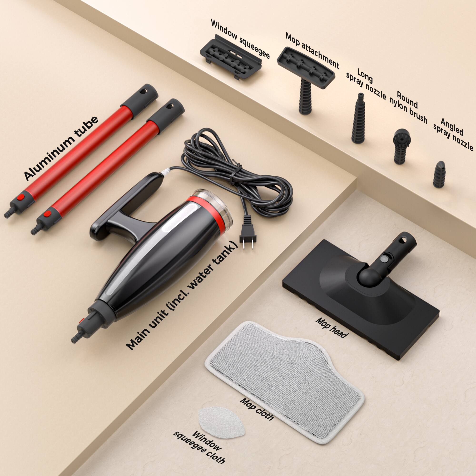 - Aluminum tube
- Main unit (incl. water tank)
- Window squeegee
- Mop attachment
- Long spray nozzle
- Round nylon brush
- Angled spray nozzle
- Mop head
- Mop cloth
- Window squeegee cloth