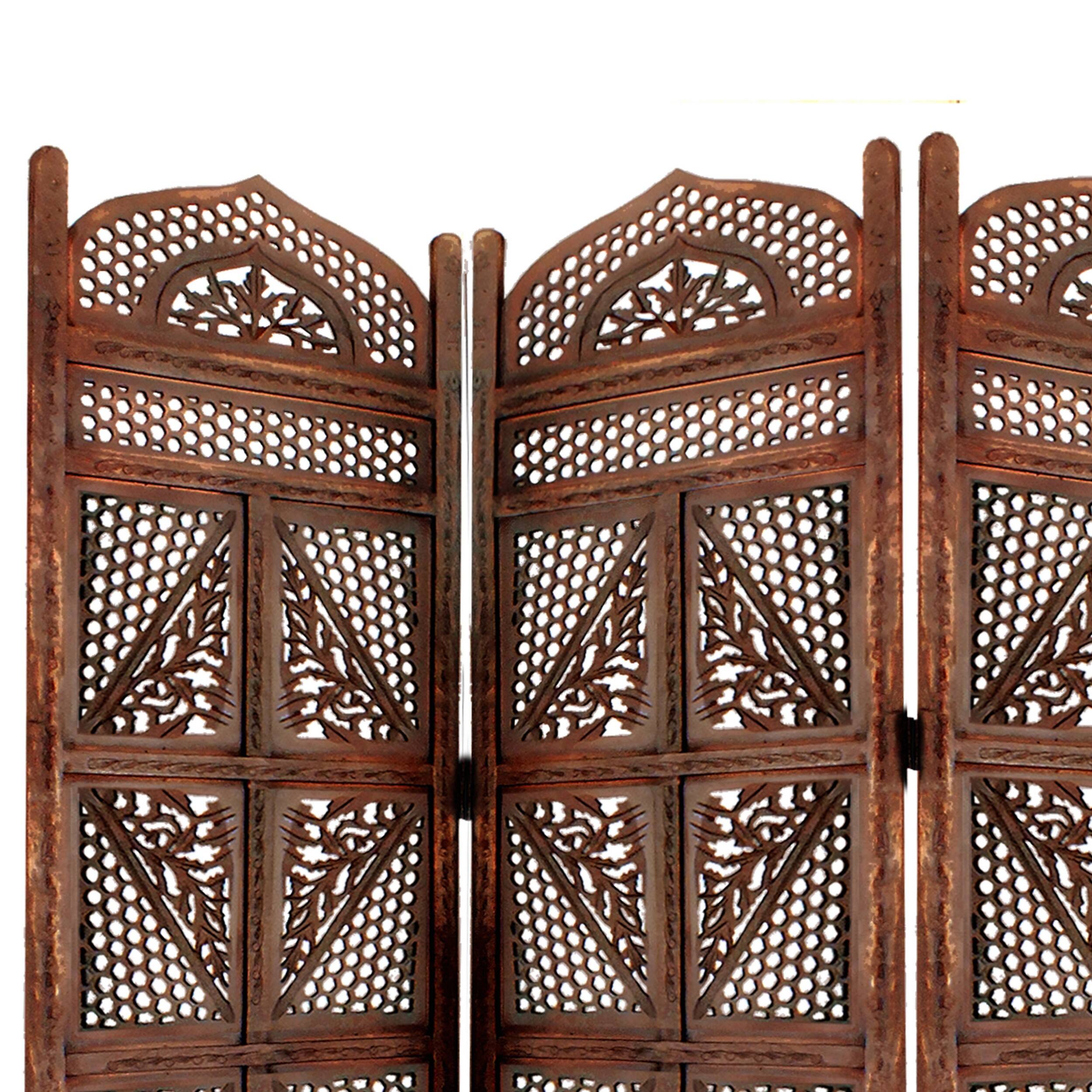 Alt View 1. Manhattan Lane - Traditional Four Panel Wooden Room Divider with Hand Carved Details - Brown.