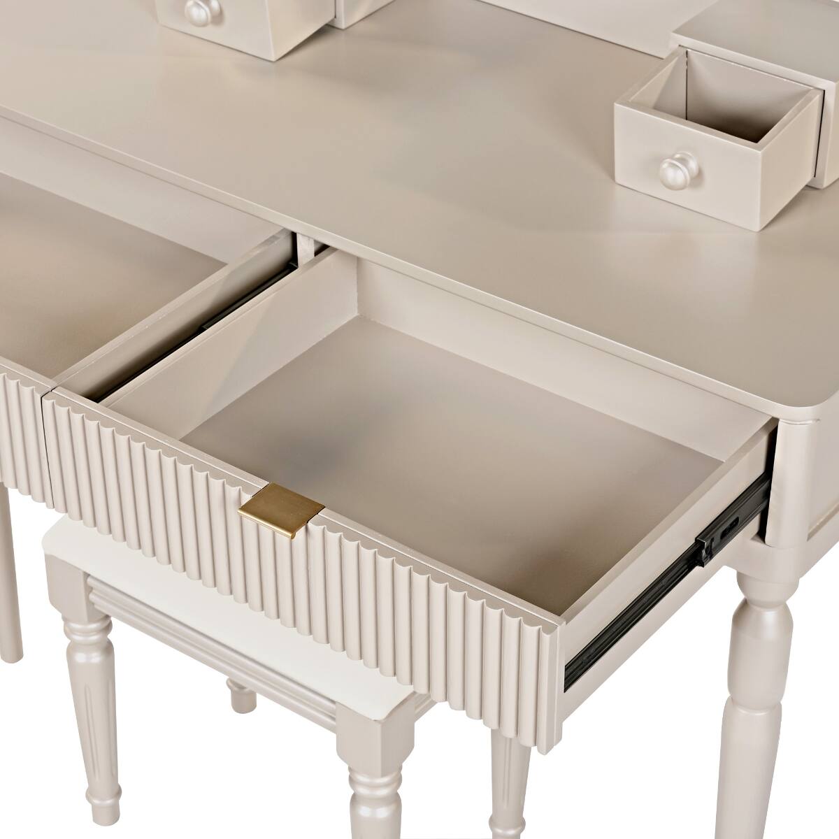 Alt View 8. Loheer - Loheer Makeup Vanity Table with Round Mirror, Champagne, Four Drawers and Stool - Champagne.