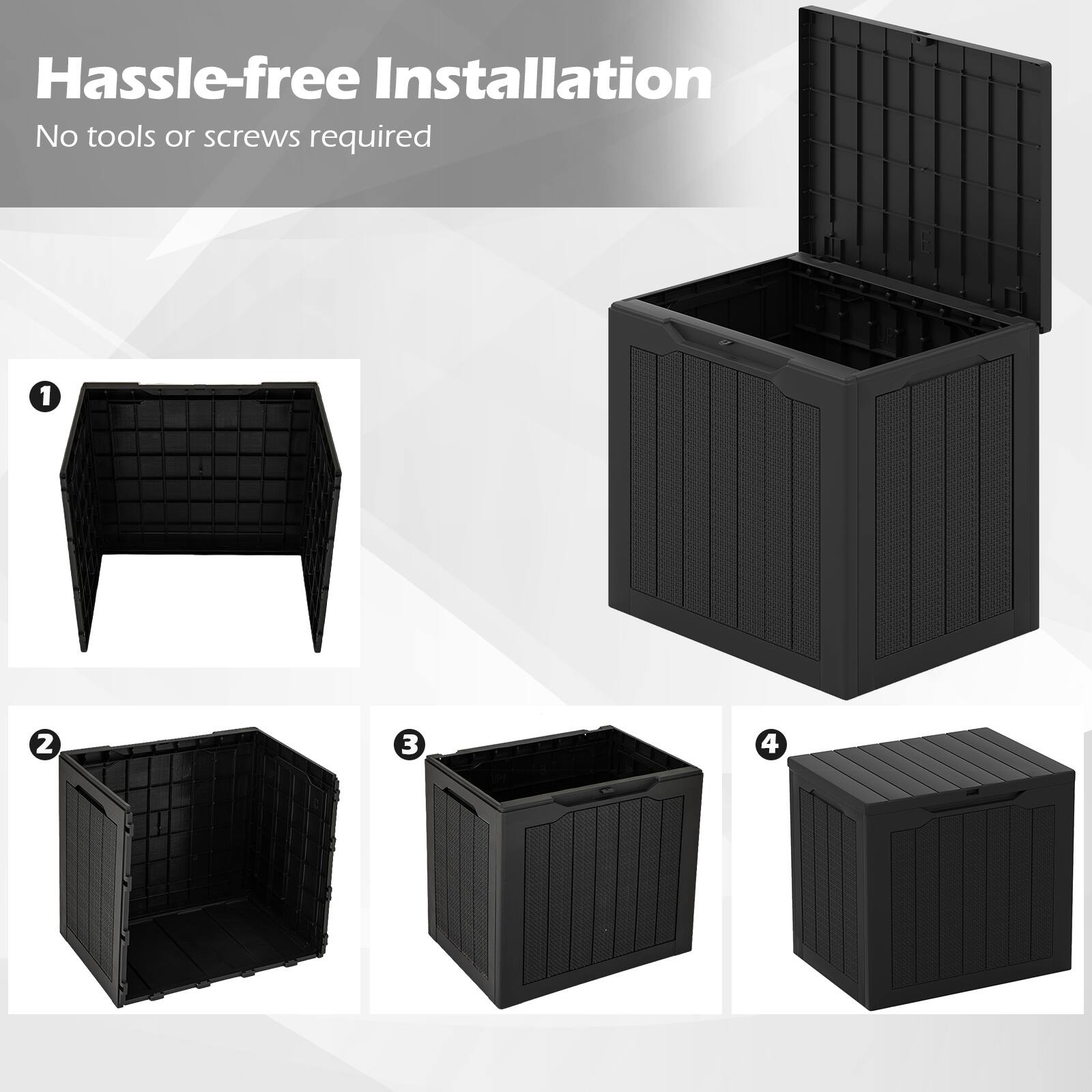 Hassle-free Installation  
No tools or screws required  

1  
2  
3  
4