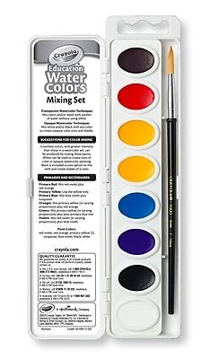 Crayola Education Water Colors Mixing Set

Translucent Watercolor Techniques
Use these colors and add water to create translucent washes.

Opaque Watercolor Techniques
Use these colors and add water to create opaque washes.

SUGGESTIONS FOR COLOR MIXING
Create colors with greater accuracy by mixing colors on the palette. Use the primary colors to create secondary colors. Use the secondary colors to create tertiary colors. Use the black to create shades of the primary and secondary colors.

PRIMARY AND SECONDARY COLORS
Primary Red: Mix with white to create pink.
Primary Yellow: Mix with white to create yellow.
Primary Blue: Mix with white to create light blue.
Secondary Orange: Mix primary red and yellow.
Secondary Green: Mix primary yellow and blue.
Secondary Purple: Mix primary blue and red.
Tertiary Colors: Mix primary and secondary colors.

Post Colors
Mix primary colors with white to create pastels.

crayola.com

QUALITY GUARANTEE
Crayola is committed to providing high-quality products. If you are not satisfied with your purchase, contact us at 1-800-CRAYOLA or visit crayola.com for return instructions.

©2021 Crayola LLC. All rights reserved.