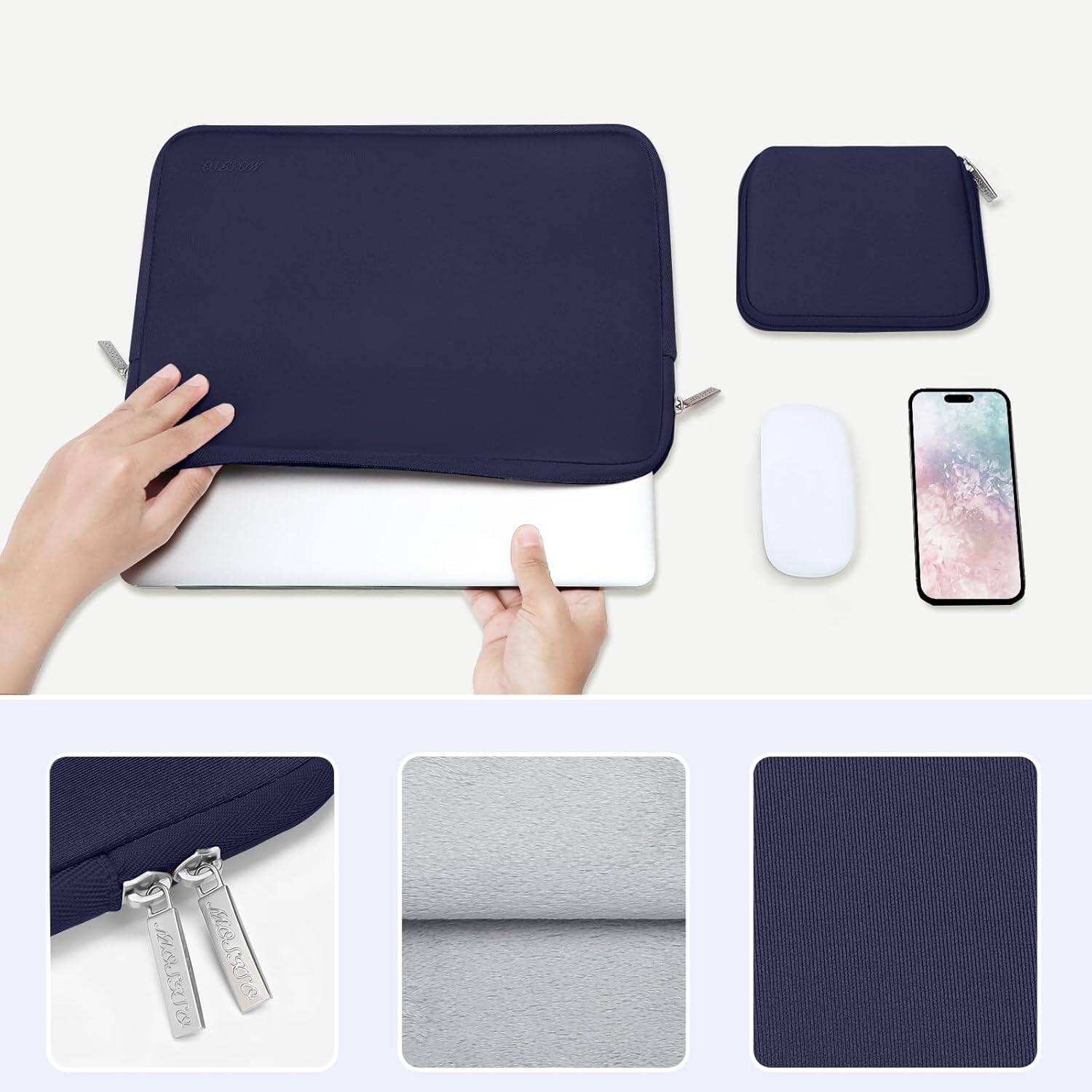 Back. mosiso - 13 inch Laptop Sleeve for MacBook Air Pro 13 M5 M4 M3 M2 M1 2026-2018 /Neo 13, Neoprene Computer Sleeve with Small Case - Navy Blue.