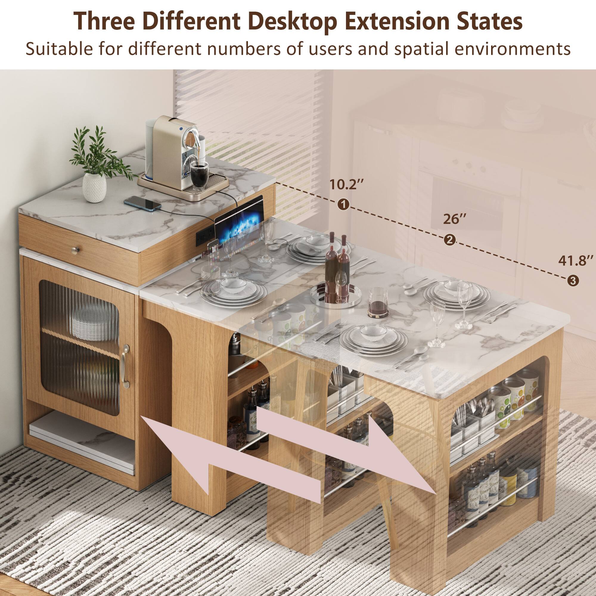 Three Different Desktop Extension States  
Suitable for different numbers of users and spatial environments  

1. 10.2"  
2. 26"  
3. 41.8"