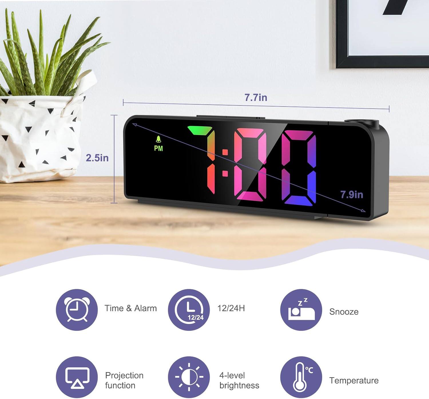 2.5in  
7.7in  
7.9in  

Time & Alarm  
12/24  
12/24H  

Projection function  
4-level brightness  

Snooze  

Temperature