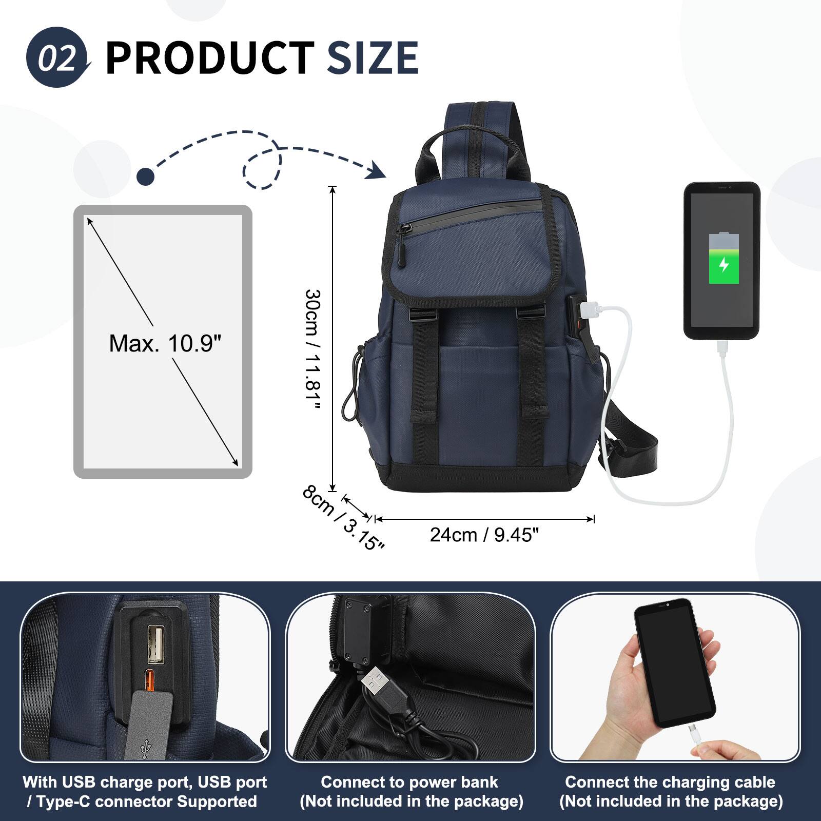 02 PRODUCT SIZE

Max. 10.9" / 30cm  
11.81" / 8cm  
24cm / 9.45"

With USB charge port, USB port / Type-C connector Supported

Connect to power bank (Not included in the package)

Connect the charging cable (Not included in the package)
