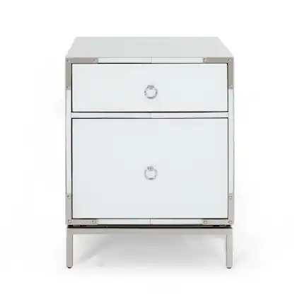 Front. Boyel Living - Modern White Elegant 2-Drawer Nightstand with Silver Mirrored Edge and Legs. End Table with Drawer and Cabinet - White.