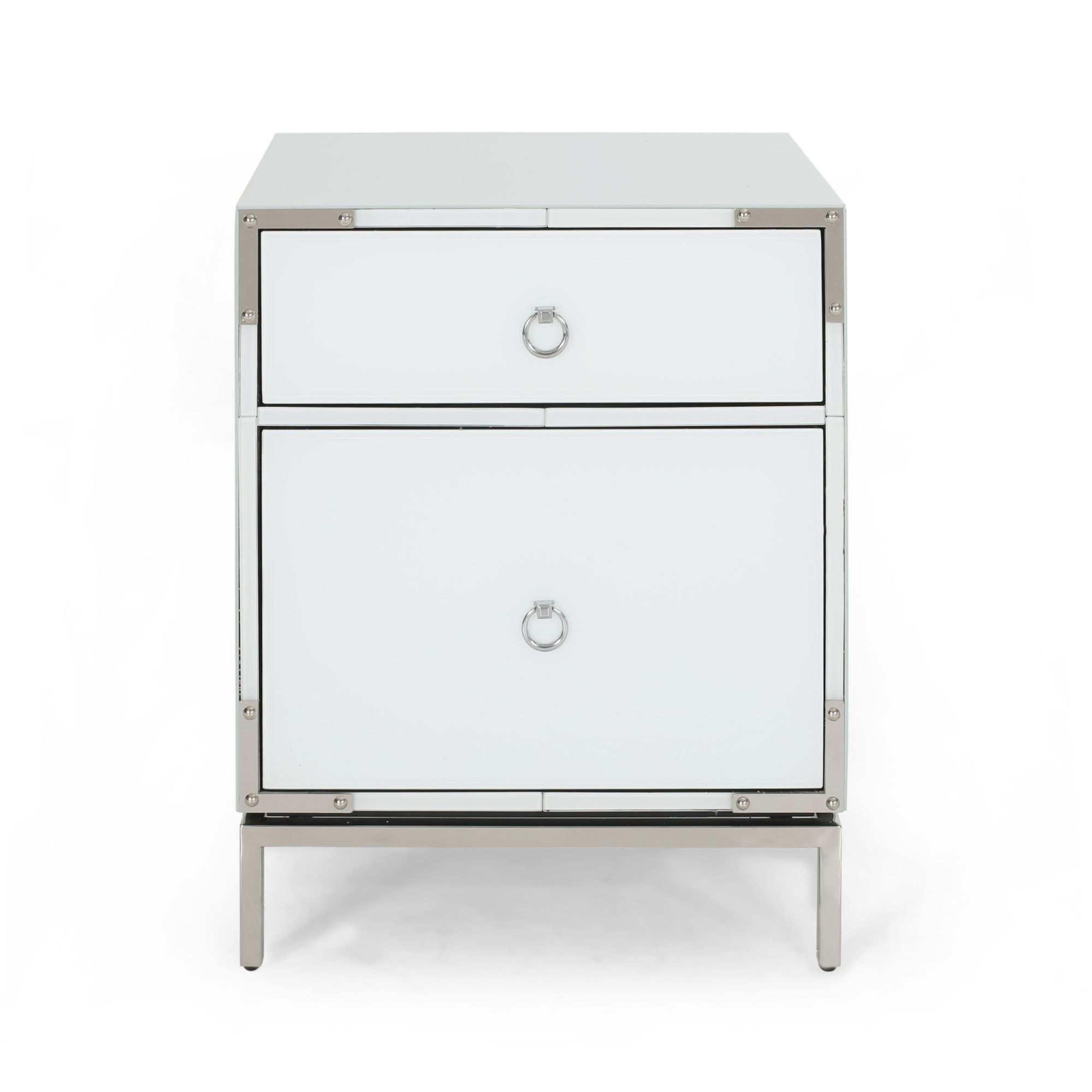 Boyel Living - Modern Elegant 2-Drawer Nightstand with Silver Mirrored Edge and Legs. End Table with Drawer and Cabinet - White