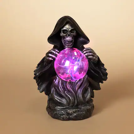 Front. The Gerson Companies - Gerson 10.75 in. Grim Reaper With Magic Ball Halloween Decor - Black | Purple.