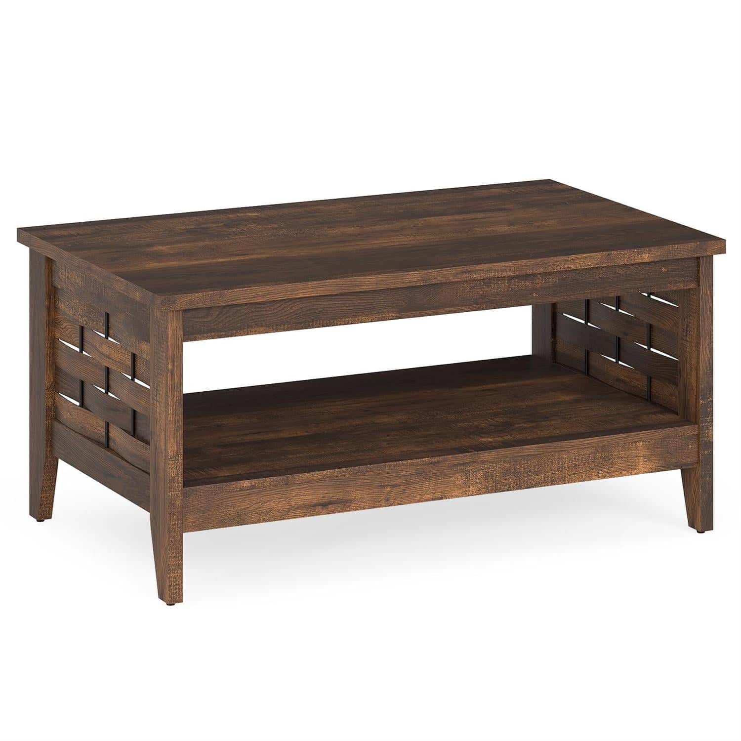 Pefilos - 2-Tier Farmhouse Coffee Table, Open Storage Shelf, Woven Decorative Accents, Rustic Style Design, Rustic - Brown