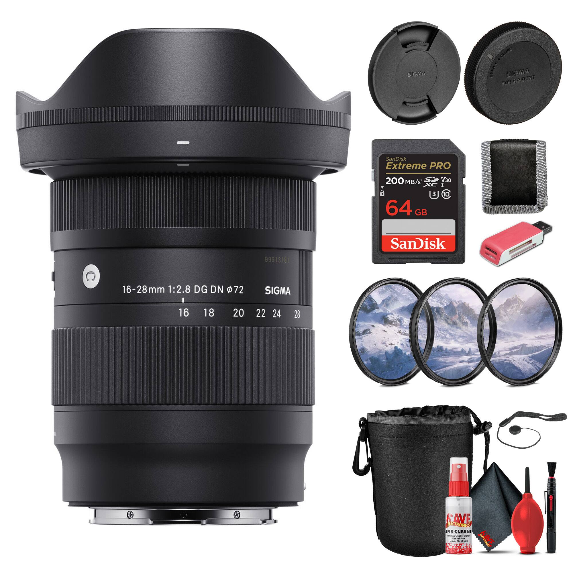 SIGMA 16-28mm 1:2.8 DG DN 72  
16 18 20 22 24 28  

SanDisk Extreme PRO 200 MB/s 64 GB 3 V30  
99913181  

SIGMA  
SIGMA  
SIGMA  

16-28mm 1:2.8 DG DN  
72  

16 18 20 22 24 28  

SIGMA  

SanDisk Extreme PRO  
200 MB/s  
64 GB  
3 V30  
10  

SanDisk  

SAVE  
Lens Cleaner  

Lens Cleaning Kit  

Lens Cap  
Lens Hood  
Lens Cleaning Cloth  
Lens Cleaning Spray  
Lens Cleaning Brush  
Lens Cleaning Pouch