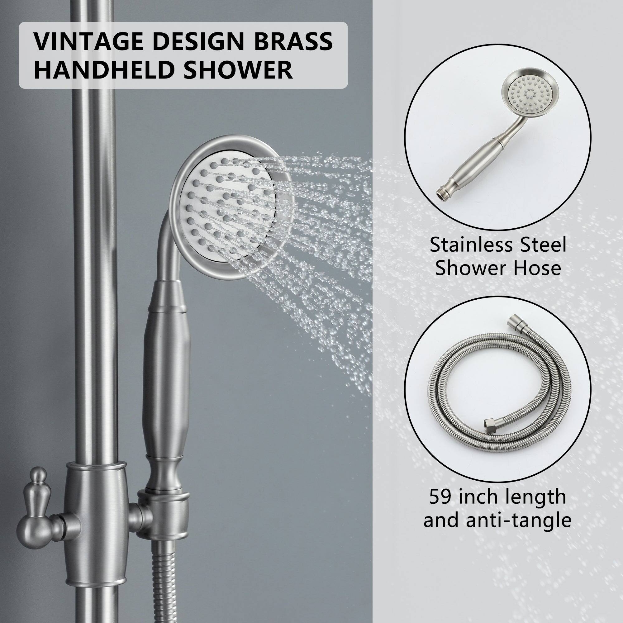 VINTAGE DESIGN BRASS HANDHELD SHOWER, Stainless Steel Shower Hose, 59 inch length and anti-tangle