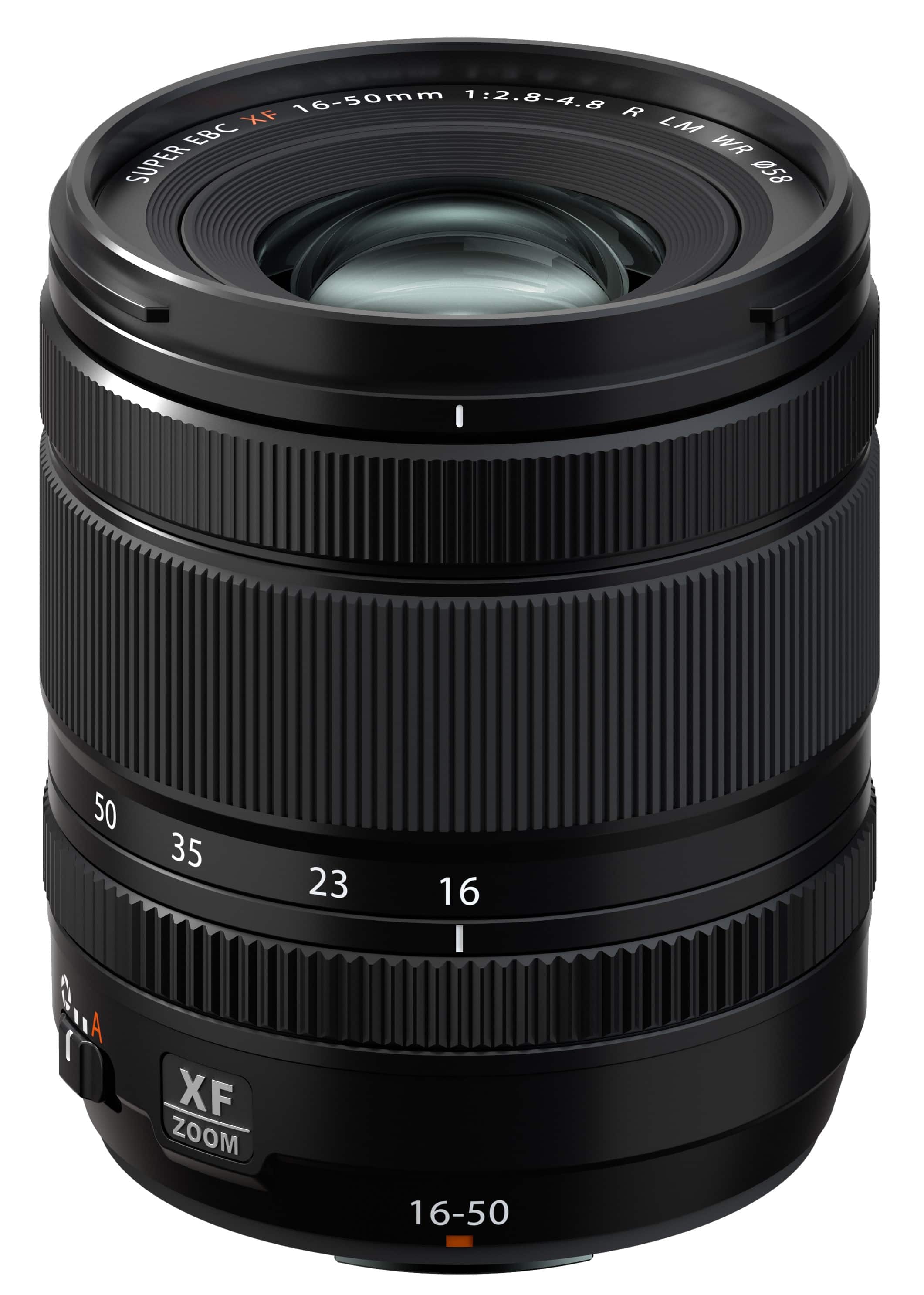 The image features a close-up of a black lens, which is a part of a digital camera. The lens has a focal length of 16-50mm and is designed with a 1:2.8-4.8 aperture. The lens is made by a company called XF, and it is equipped with a zoom feature. The lens is also water-resistant and has a clean, professional appearance.