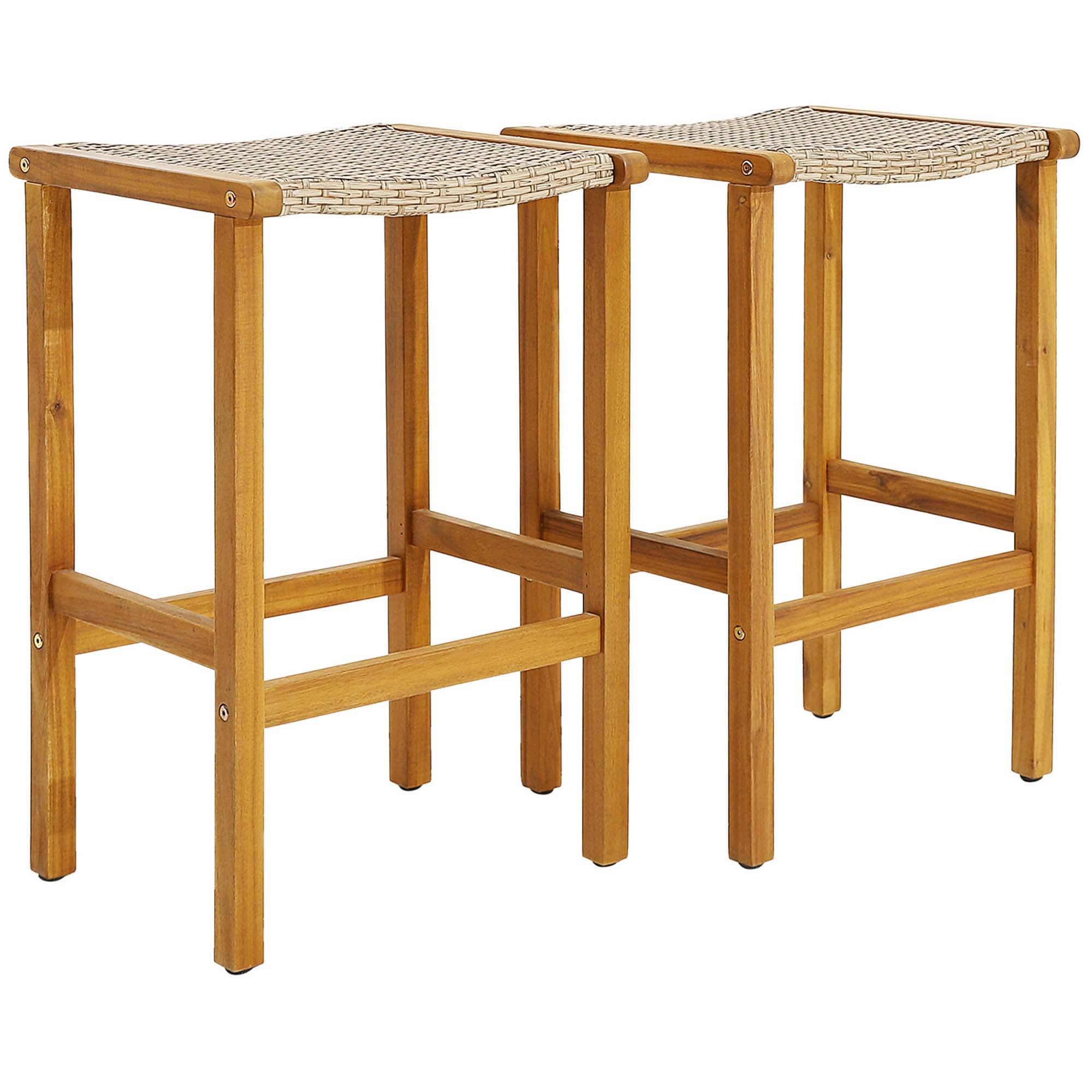 Costway - 2PCS Patio PE Wicker Bar Stools with Acacia Wood Frame Bar Height Chairs Poolside - Light Brown,Teak