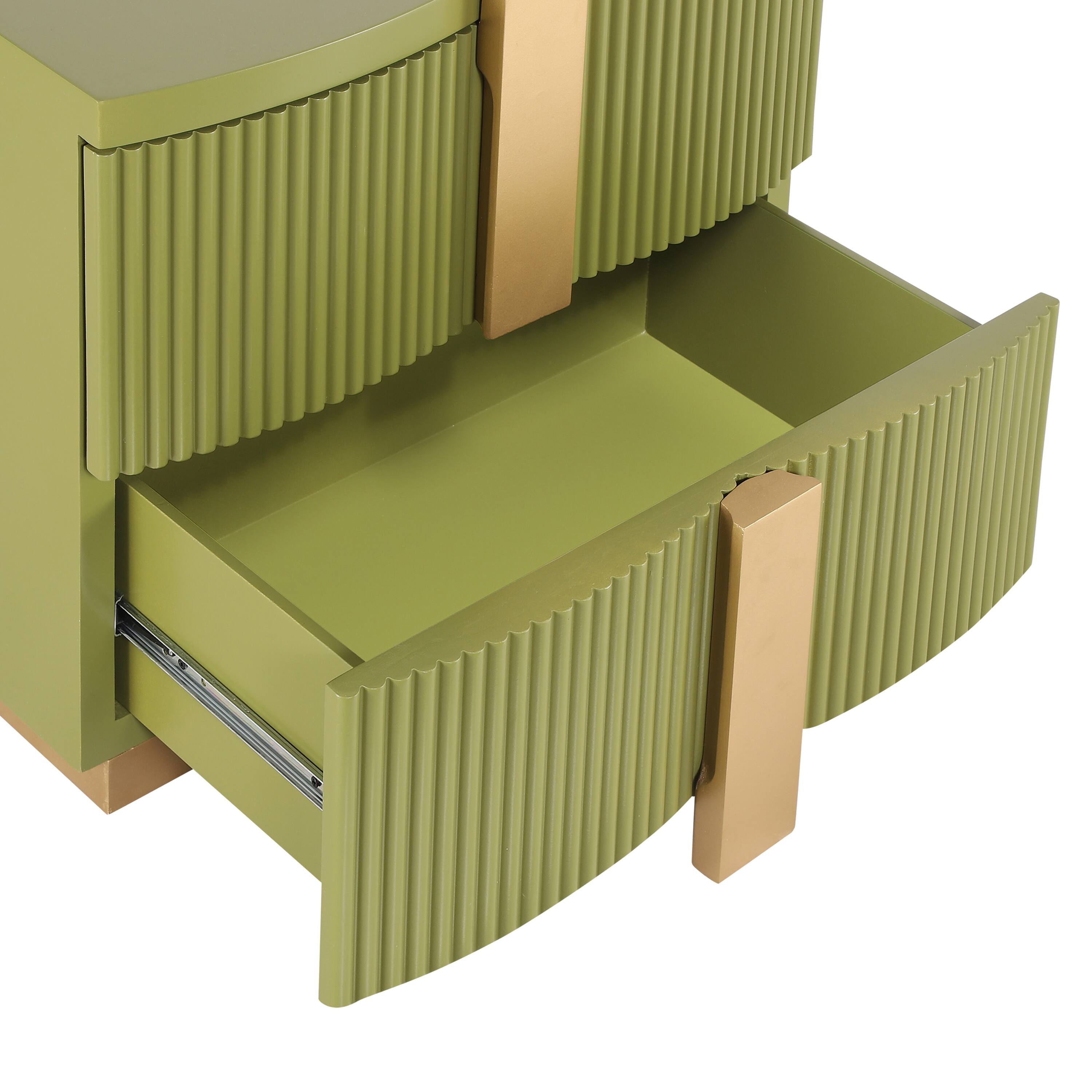 Alt View 1. Whisen - 2-Drawer Fluted Nightstand,Fully Assembled Bedside Table with Heavy-Duty Base and Gold Pulls - Olive Green.