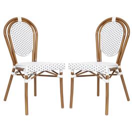 Emma + Oliver - Colmar Set of Two Indoor/Outdoor Stacking Thonet Bistro Style Chairs with PE Rattan Seat and Finished Metal Frame - White & Gray/Natural Frame