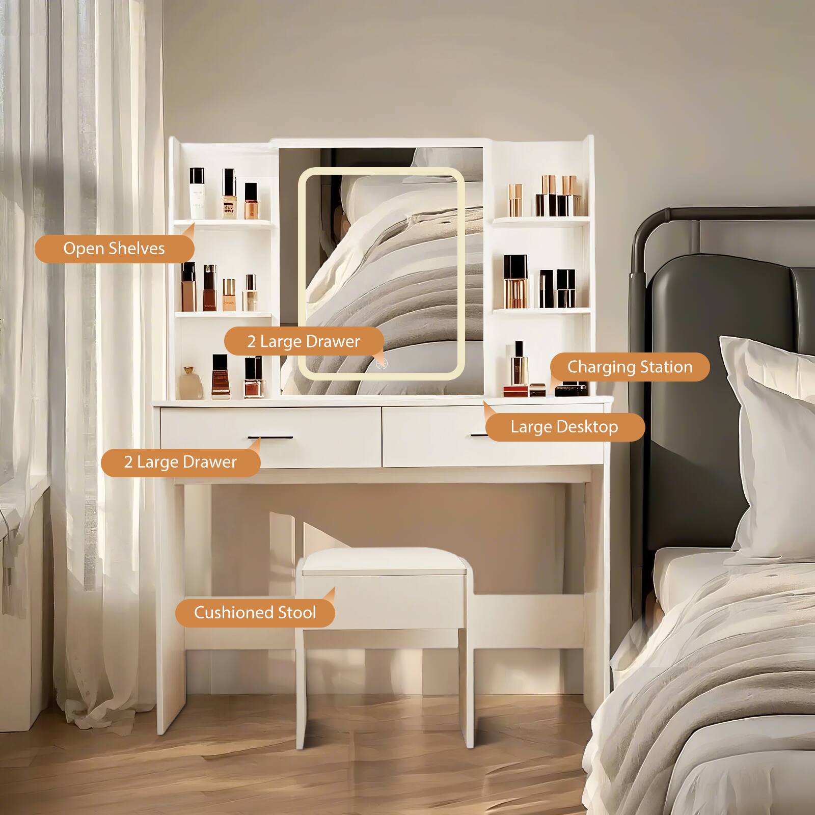 Open Shelves  
2 Large Drawer  
Charging Station  
Large Desktop  
2 Large Drawer  
Cushioned Stool