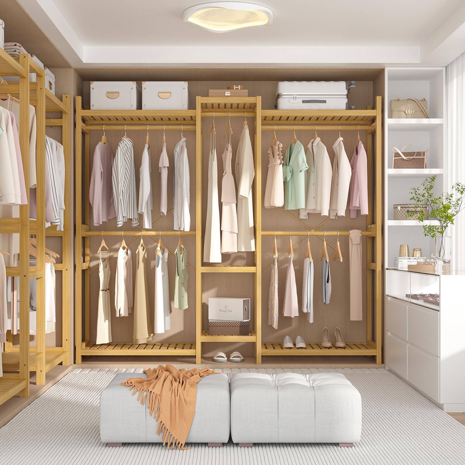 Left. Aheaplus - Bamboo Large Freestanding Garment Rack - 7 Shelves, 5 Rods & 4 Hooks - Open Closet Organizer - Natural.