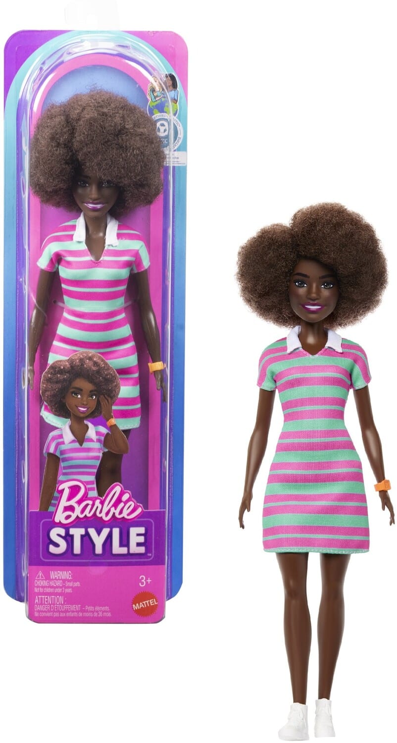 Mattel - Barbie Fashionistas Doll #247 With Pink And Green Striped Dress, Curly Black Hair - COLLECTIBLES - Multicolor