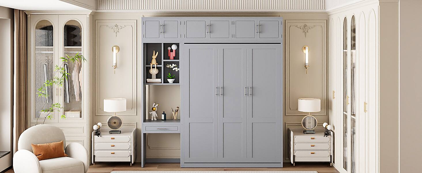 Back. Tiramisubest - Queen Size Murphy Bed with Desk, Storage, Foldable, Gray - Gray.